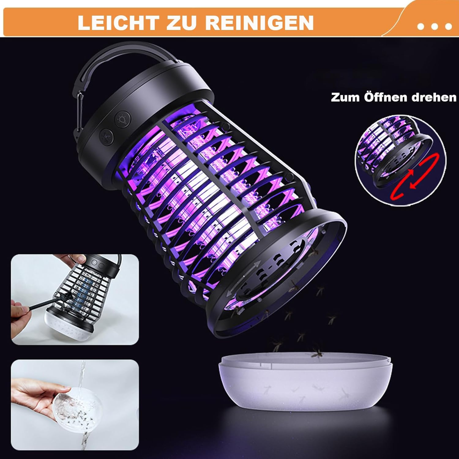 Schwarze Mückenvernichtungslampe mit violettem Licht, mit Reinigungs- und Gebrauchsdetails. Enthält ein kleines Becken.