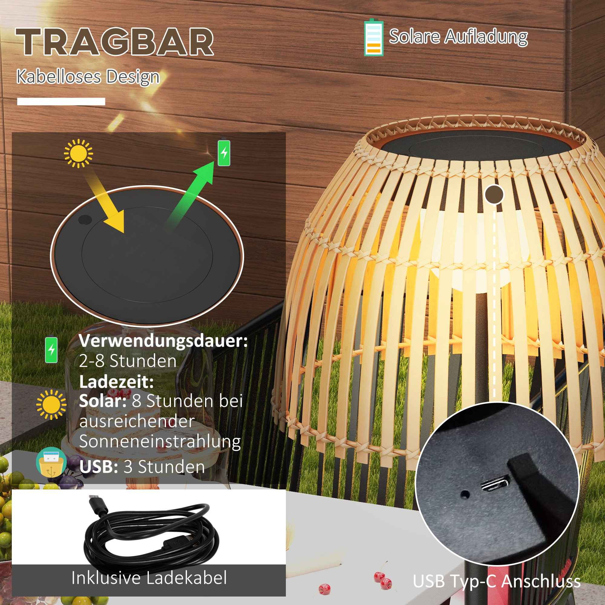 Außen-Solarleuchte mit Bambus-Lampenschirm, Lade-Details und USB-Kabel. Die Lampe steht auf einer weißen Oberfläche.