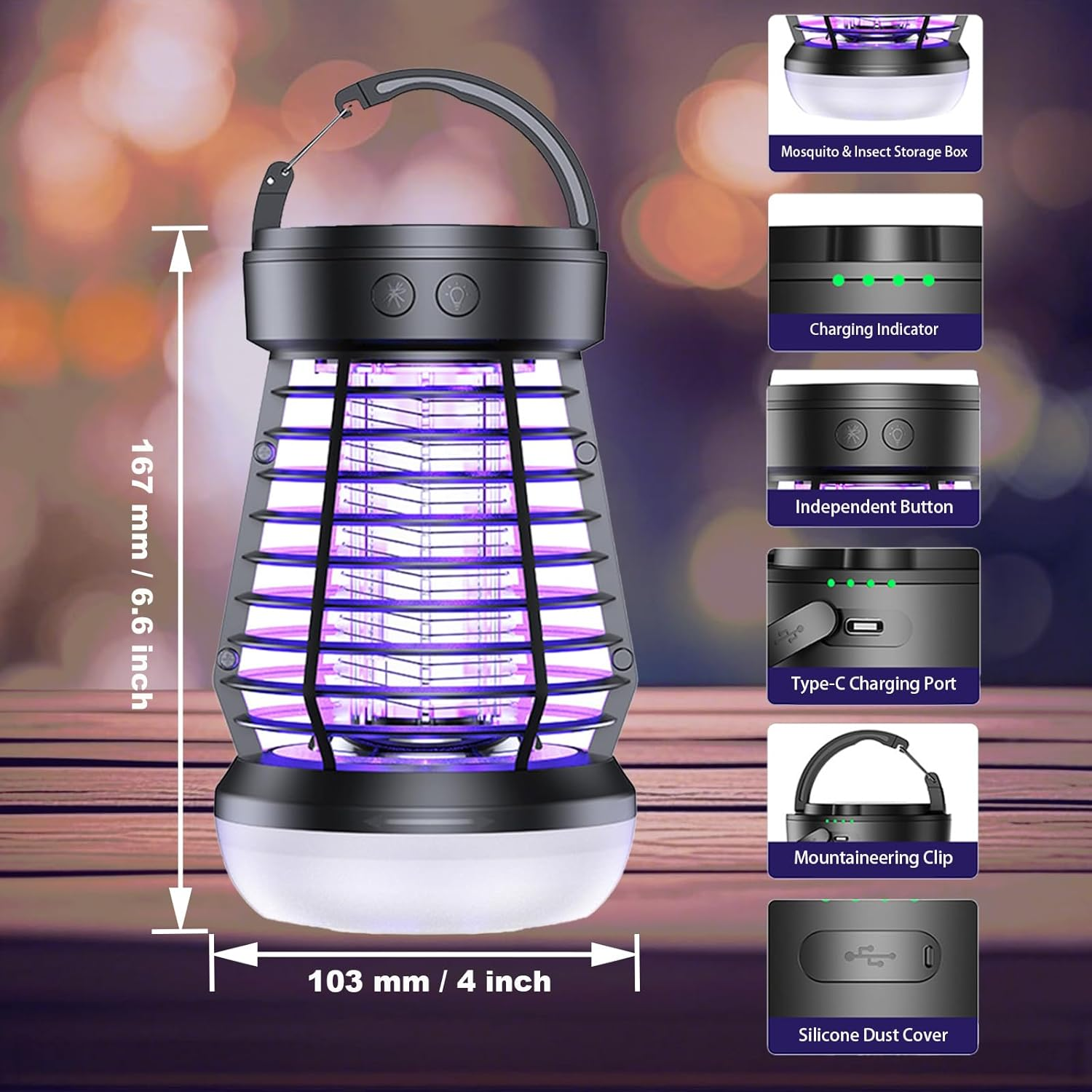 Schwarze Mückenvernichtungslampe mit violettem Licht, Abmessungen und Funktionen wie Ladeanschluss und Taste, mit einem Bergsteigclip.