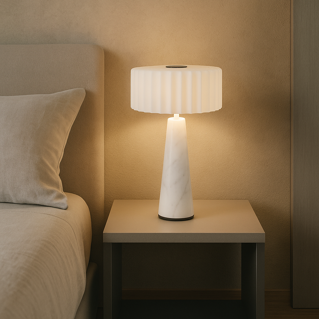 Eine weiße Marmorlampe auf einem Nachttisch neben einem Bett. Die Lampe hat einen zylindrischen Sockel und einen geriffelten Lampenschirm.