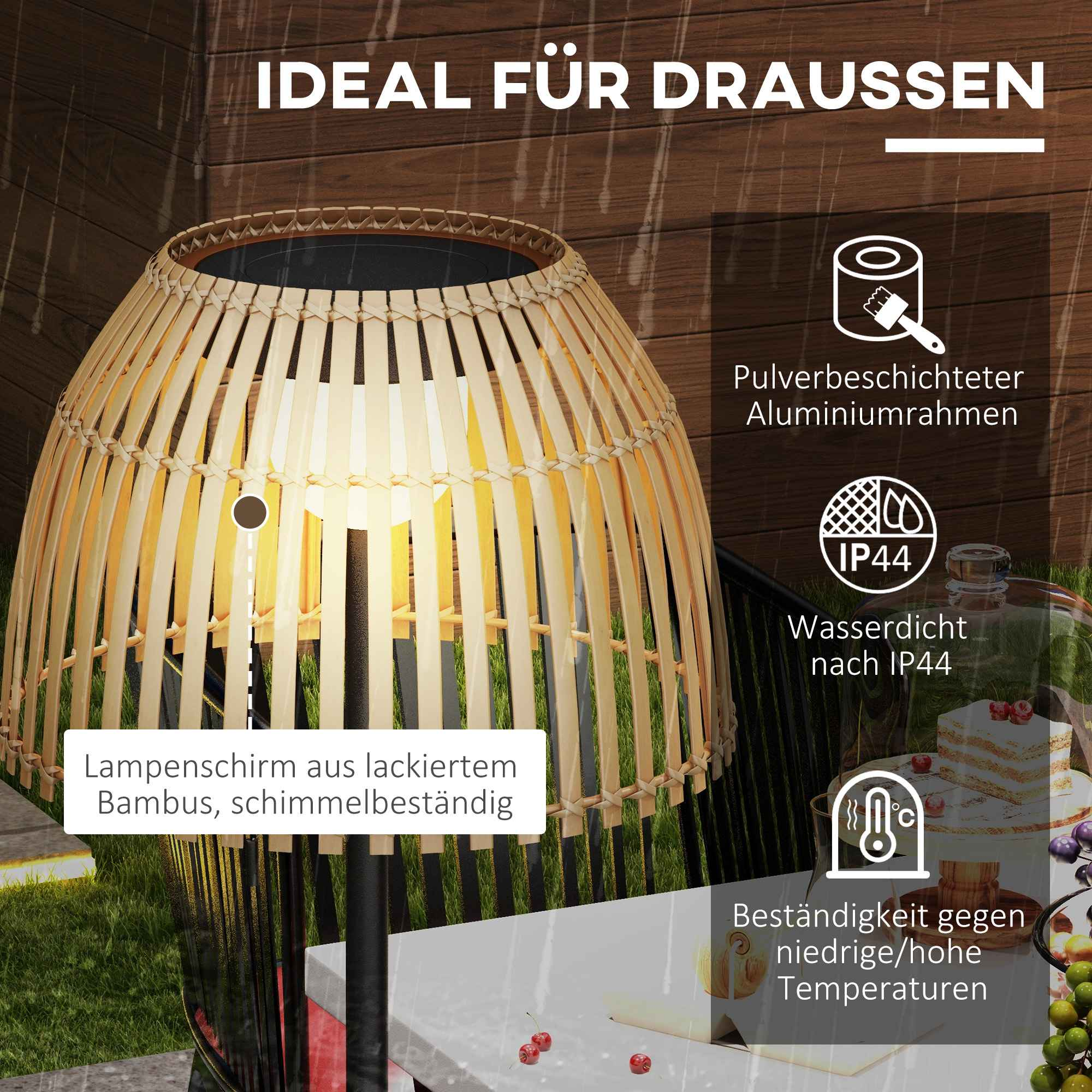 Außenlampe mit Bambus-Lampenschirm, schwarzem Pfosten und weißer Oberfläche. Zu den Merkmalen gehören wasserdichtes Design und Temperaturbeständigkeit.