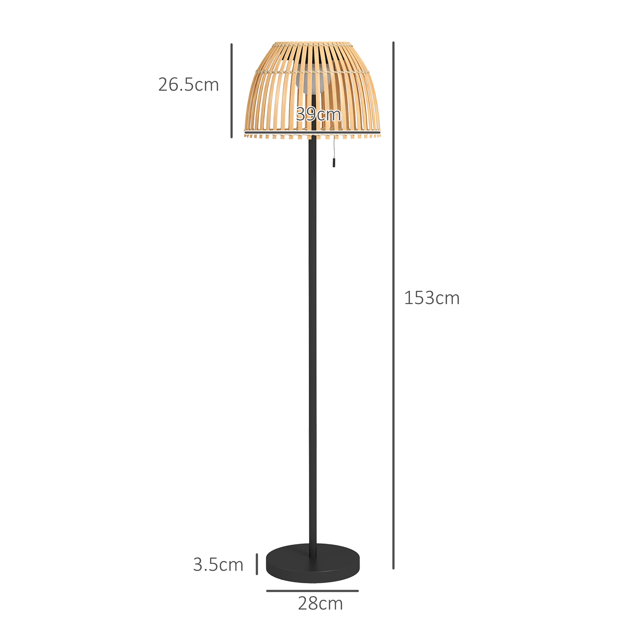 Eine hohe Stehlampe mit Bambus-Lampenschirm, schwarzem Pfosten und rundem Sockel. Abmessungen werden gezeigt, die Lampe vor weißem Hintergrund.