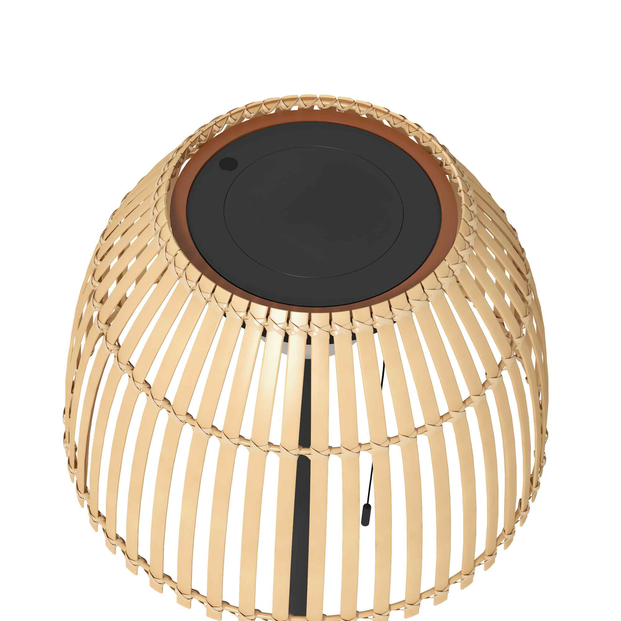 Hellbraune Bambuslampe mit schwarzem Deckel und schwarzem Stiel.