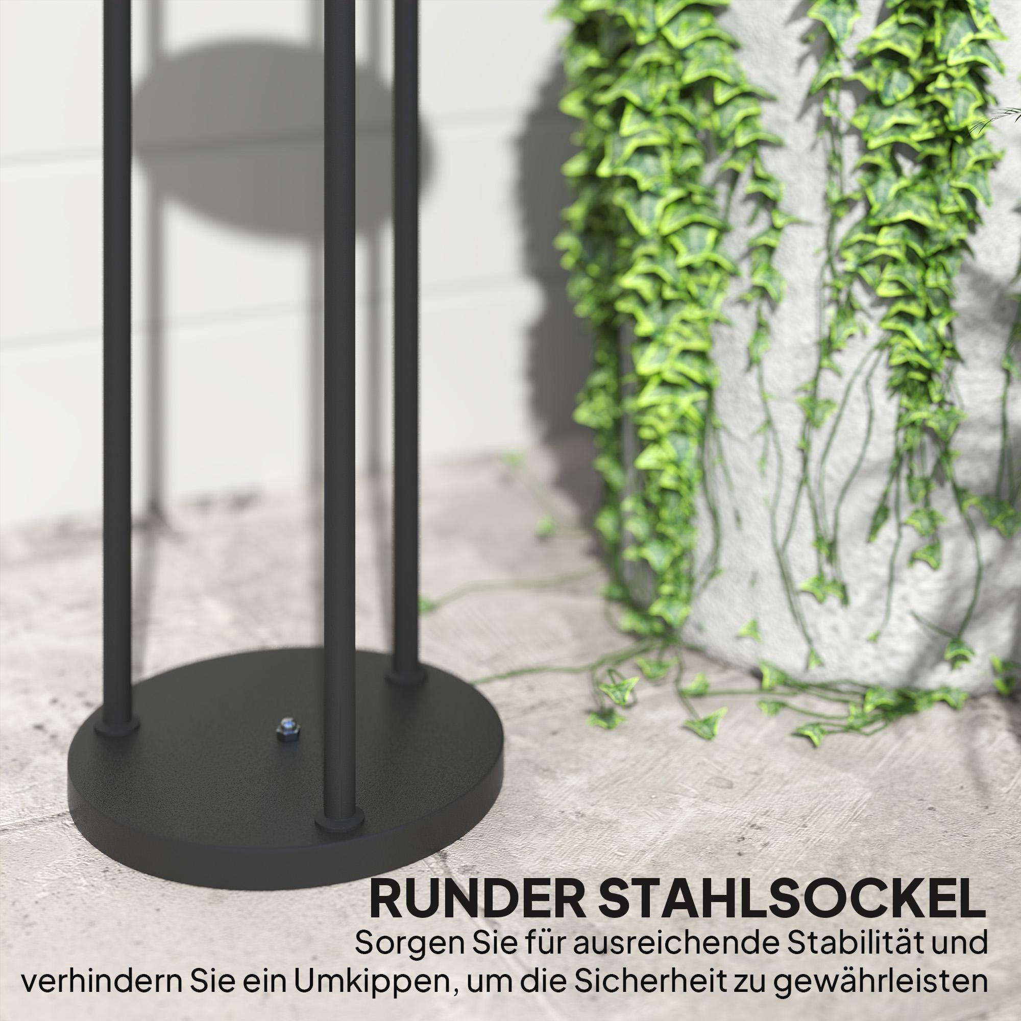 Schwarzer Metallsockel mit vier Stangen, rundem Sockel und einem Betontopf mit grünen Ranken.