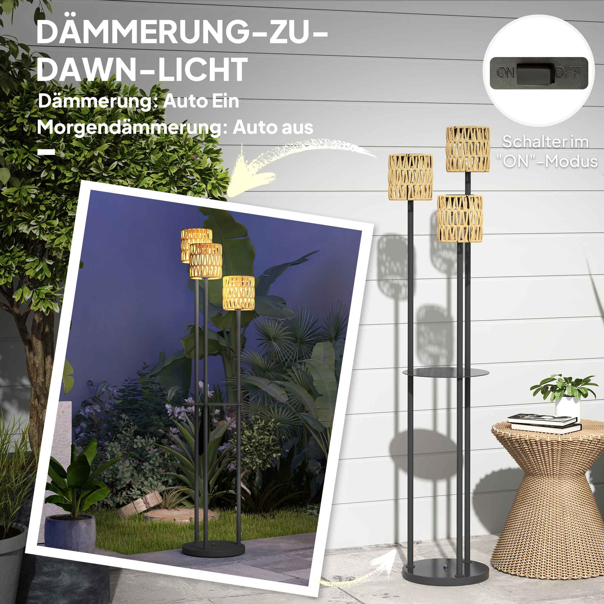 Außenszene mit Lampenmasten und einem Schalter. Die Lampen haben gewebte Schirme. Der Hintergrund zeigt einen Garten.