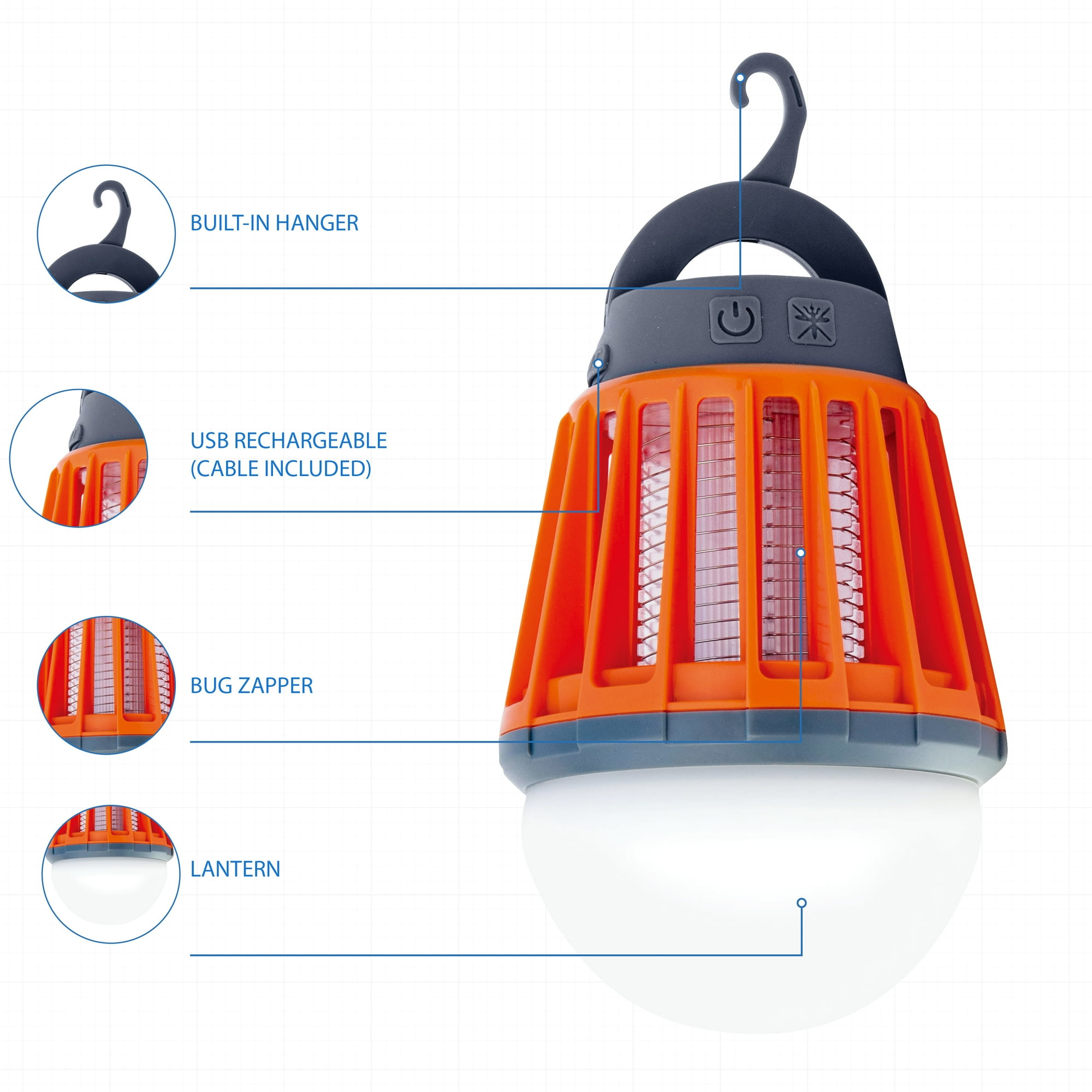 Mückenvernichter-Laterne in Orange und Grau mit integriertem Aufhänger und USB-Aufladung.