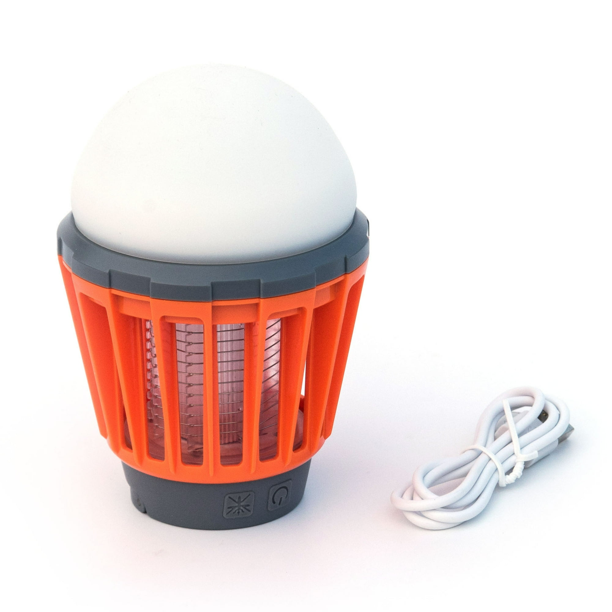 Eine orangefarbene und graue Insektenvernichter-Lampe, weißes Licht oben, mit einem weißen USB-Kabel. Isoliert auf Weiß.