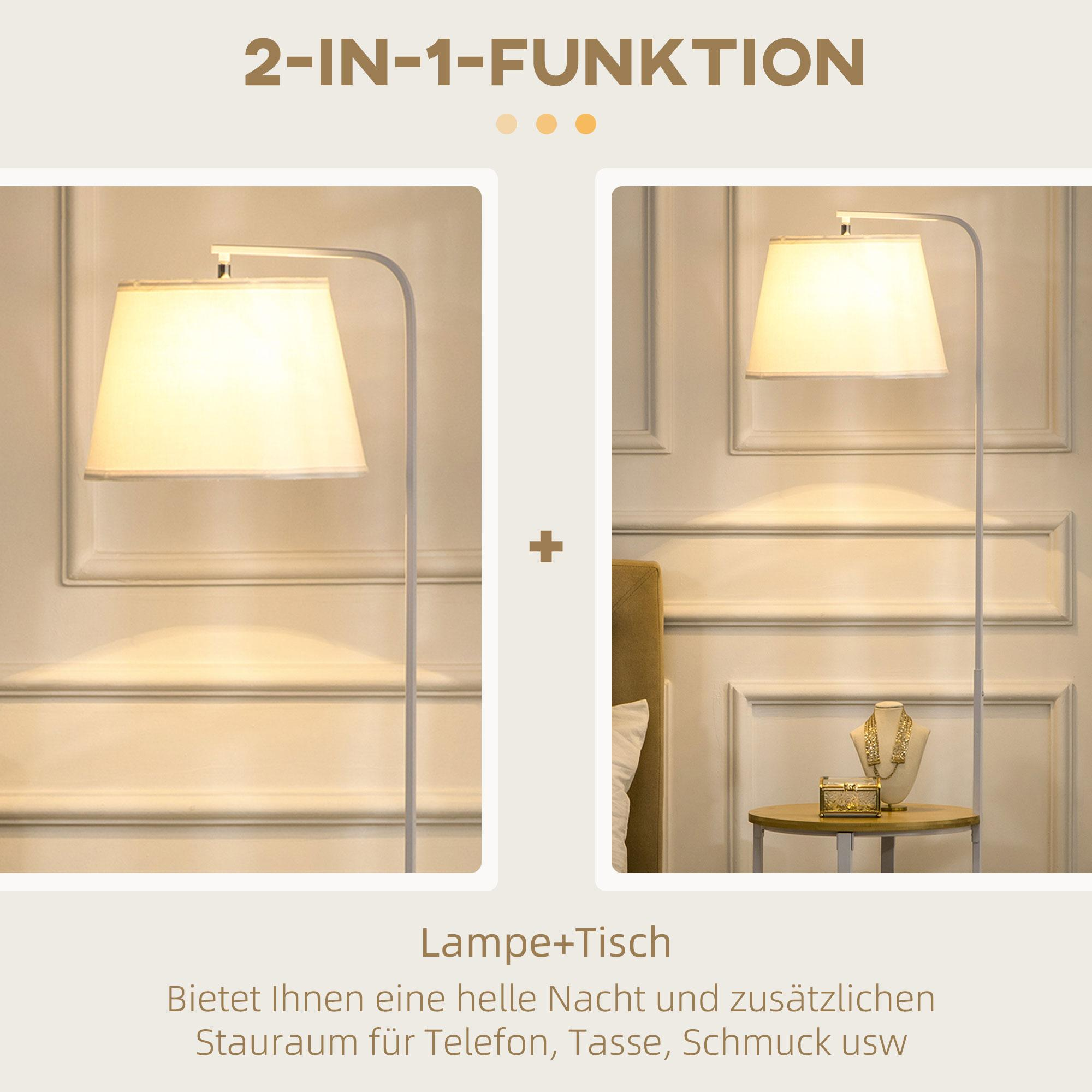 Ein Bild einer Lampe und eines Tisches. Der Text lautet: Lampe + Tisch, bietet Licht und Stauraum.