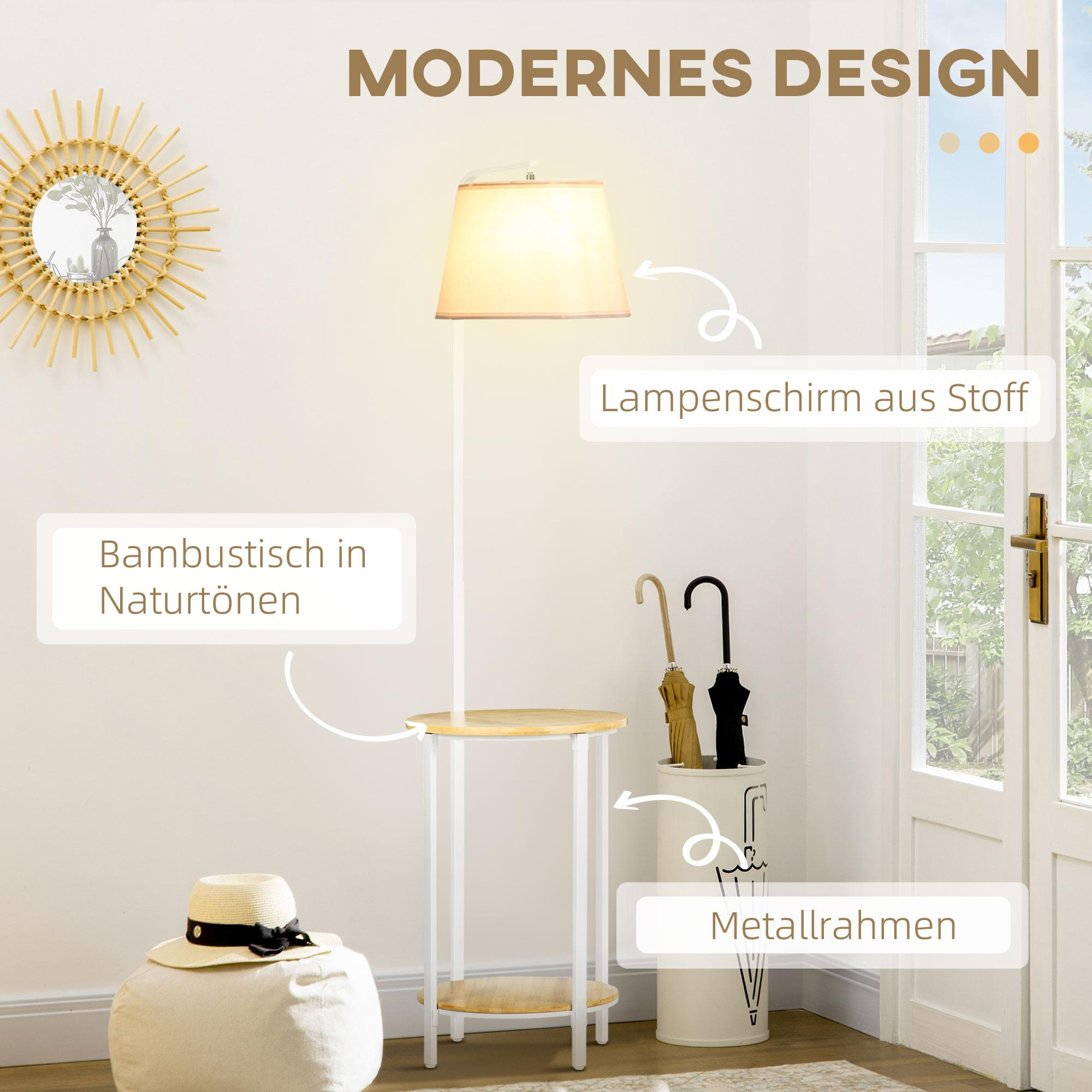 Eine Lampe mit Tisch neben einer Tür und einem Hut und Regenschirm. Der Text lautet: Modernes Design.