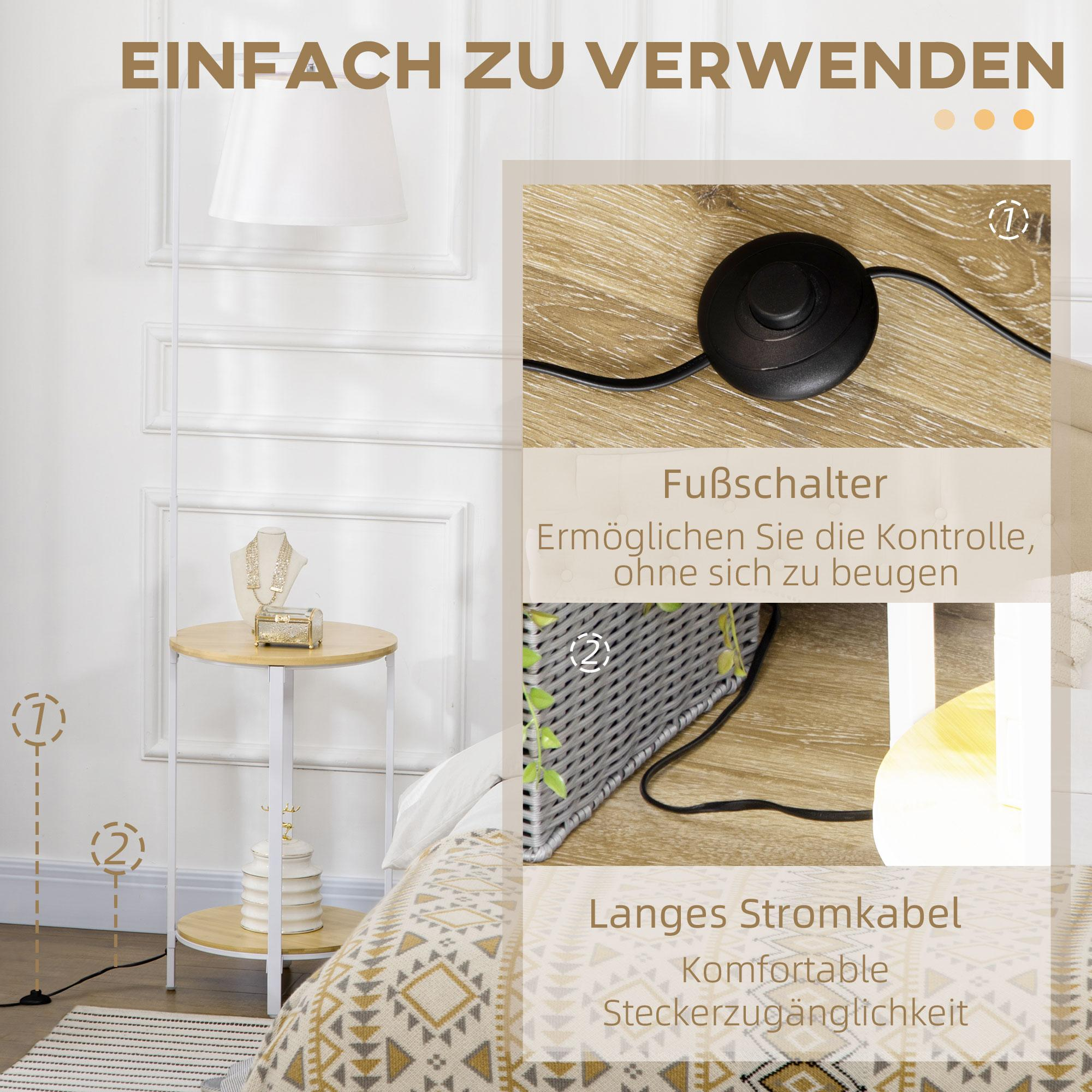 Ein Diagramm, das eine Stehlampe mit Fußschalter und langem Netzkabel zeigt.