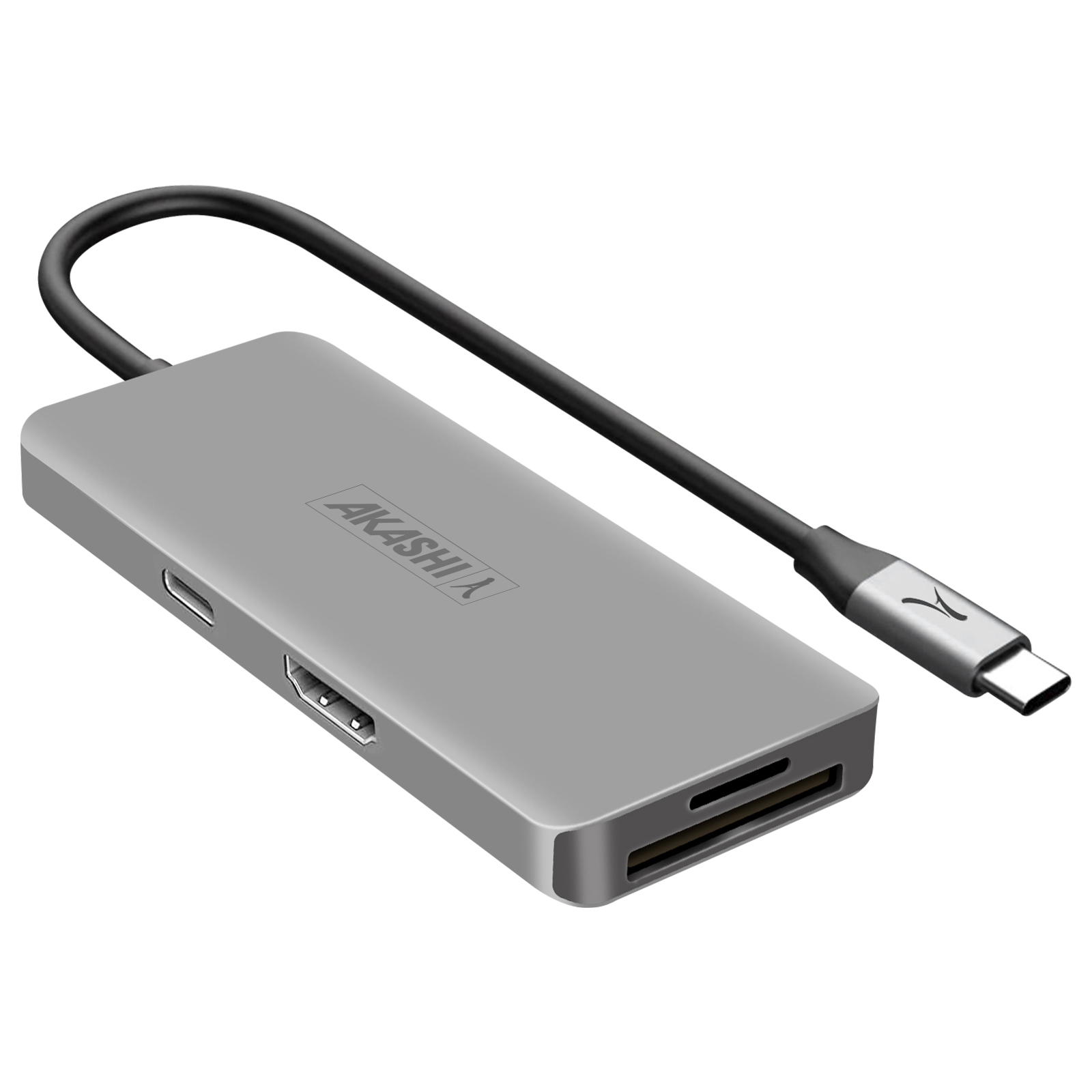 Un hub Akashi USB-C argento con porte per HDMI, scheda SD e USB-A. È collegato un cavo nero.