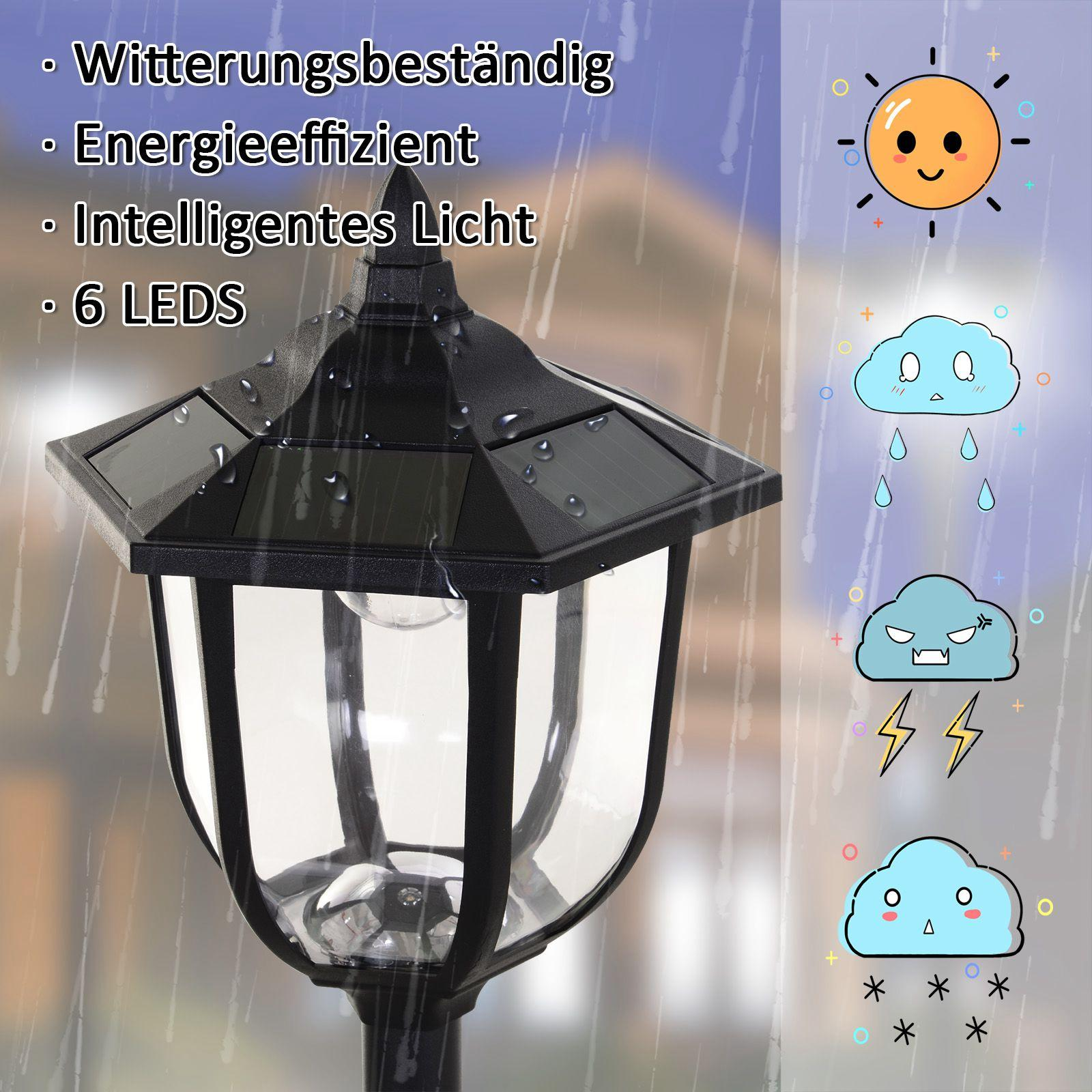 Eine schwarze Solarbetriebene Lampe mit Informationen über Wetterbedingungen.