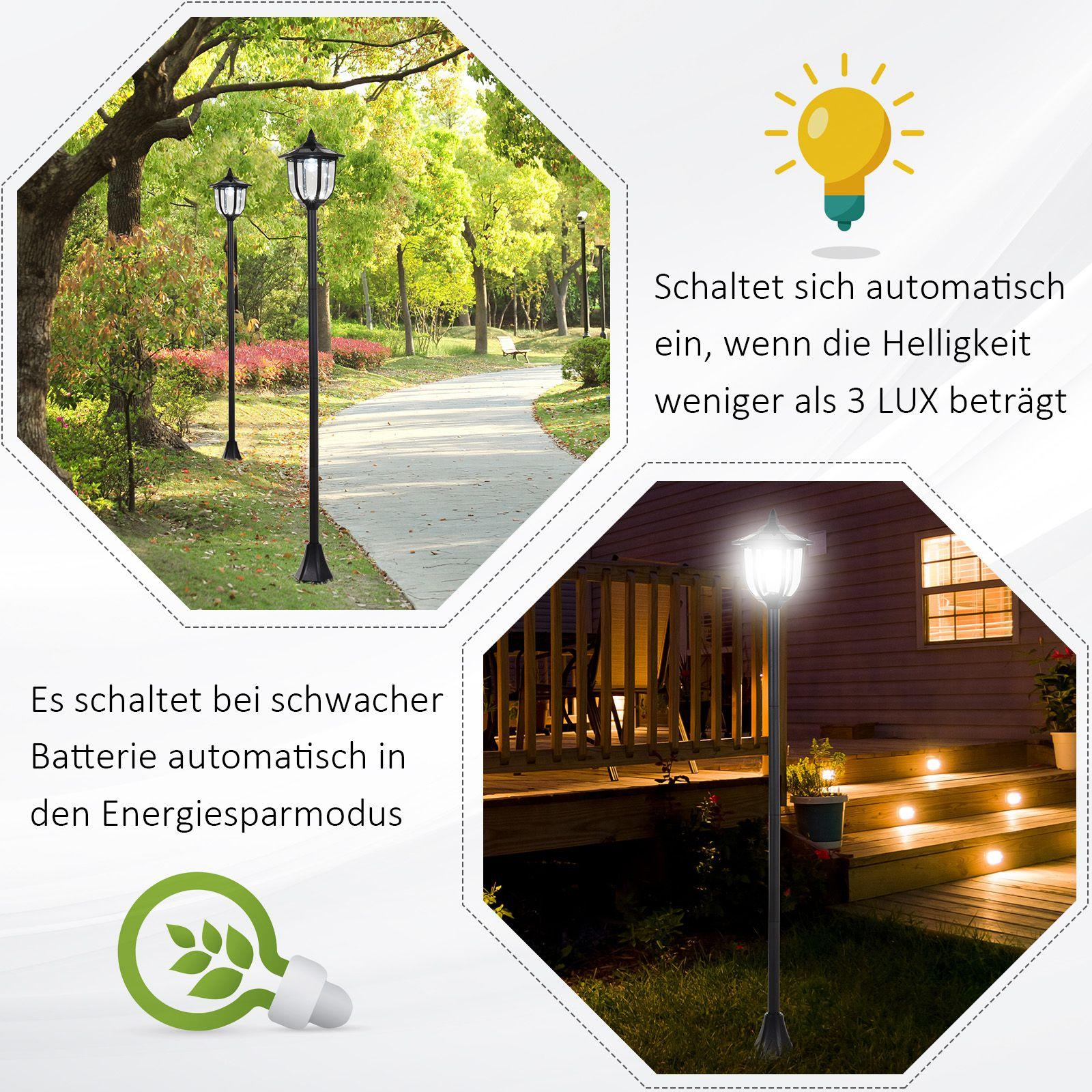 Collage von Solarlampen. Einer zeigt zwei Lampen auf einem Weg. Andere zeigen eine Lampe, die eine Veranda beleuchtet.