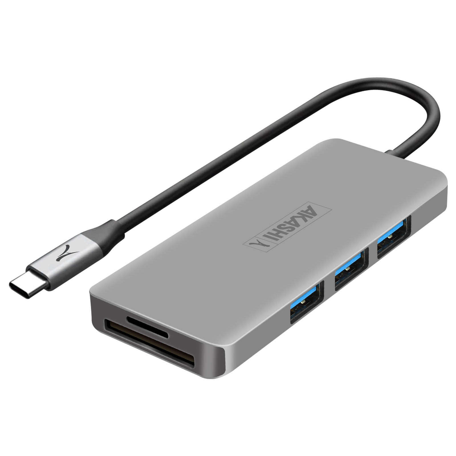Hub USB Akashi argentato con più porte, tra cui USB-A e connettore USB-C, con cavo nero.