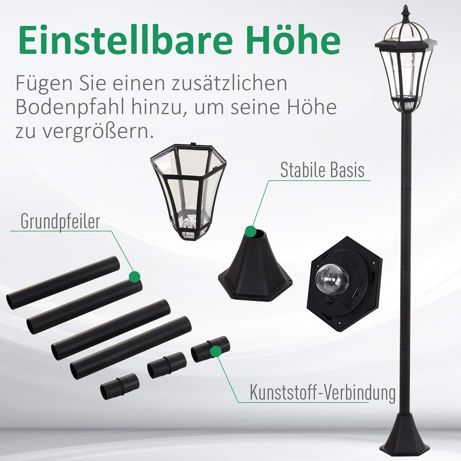 Diagramm eines Lampenpfahls mit einstellbarer Höhe und Komponenten zur Montage.