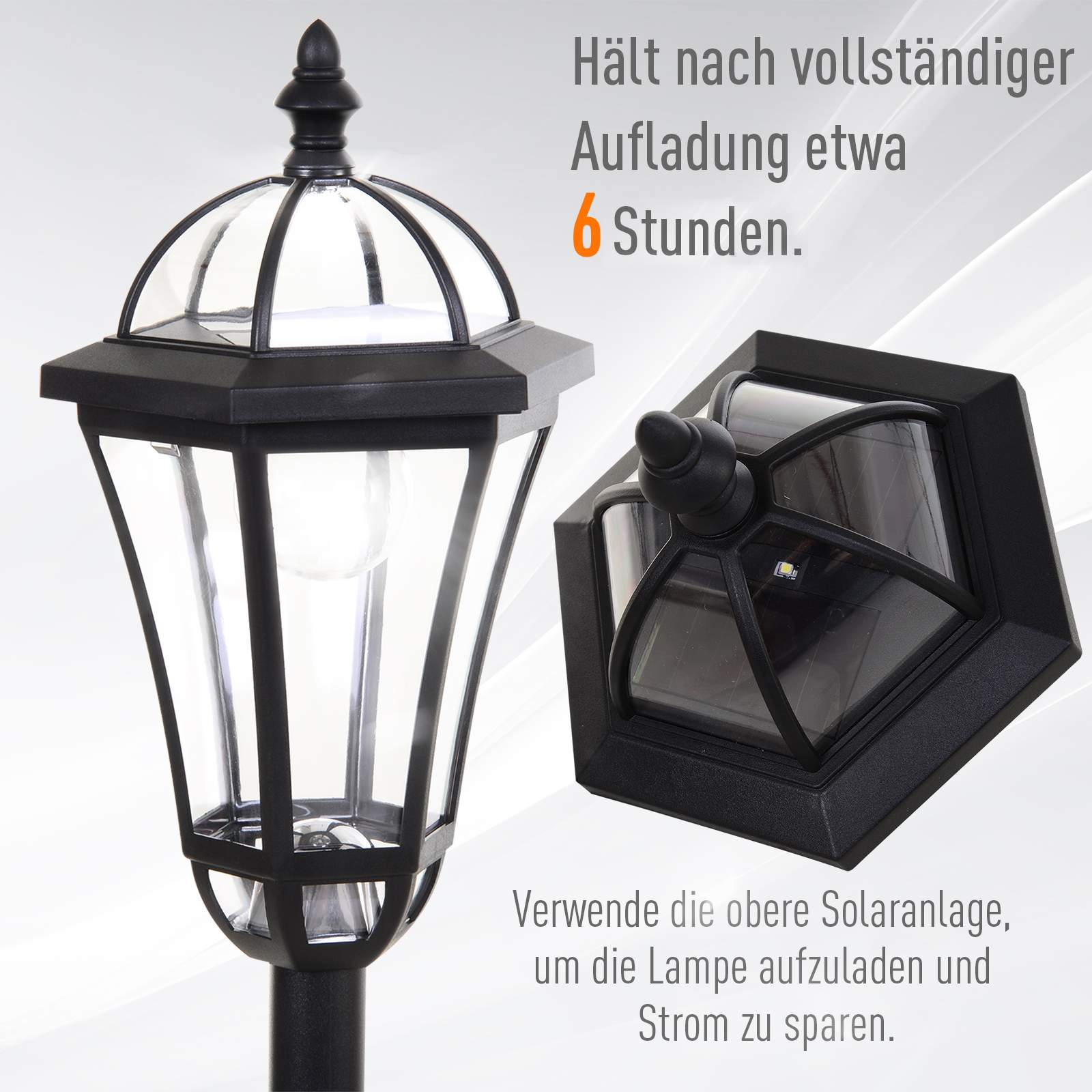 Solarleuchte mit schwarzem Pfosten und klaren Glasscheiben. Die Lampe wird in zwei Ansichten gezeigt, mit Text zum Aufladen.