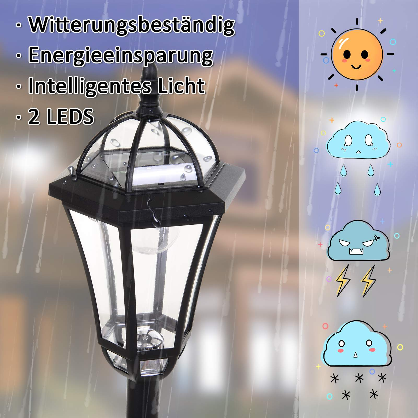Eine schwarze Solarbetriebene Lampe mit Wettersymbolen, die Sonne, Regen, Donner und Schnee zeigen.