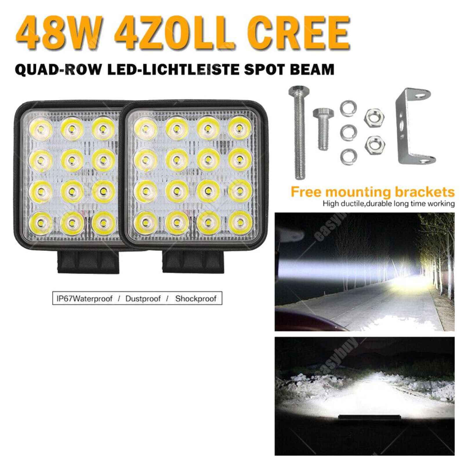Zwei LED-Leuchten. Der weiße Hintergrund hat einen Text über Montagehalterungen.
