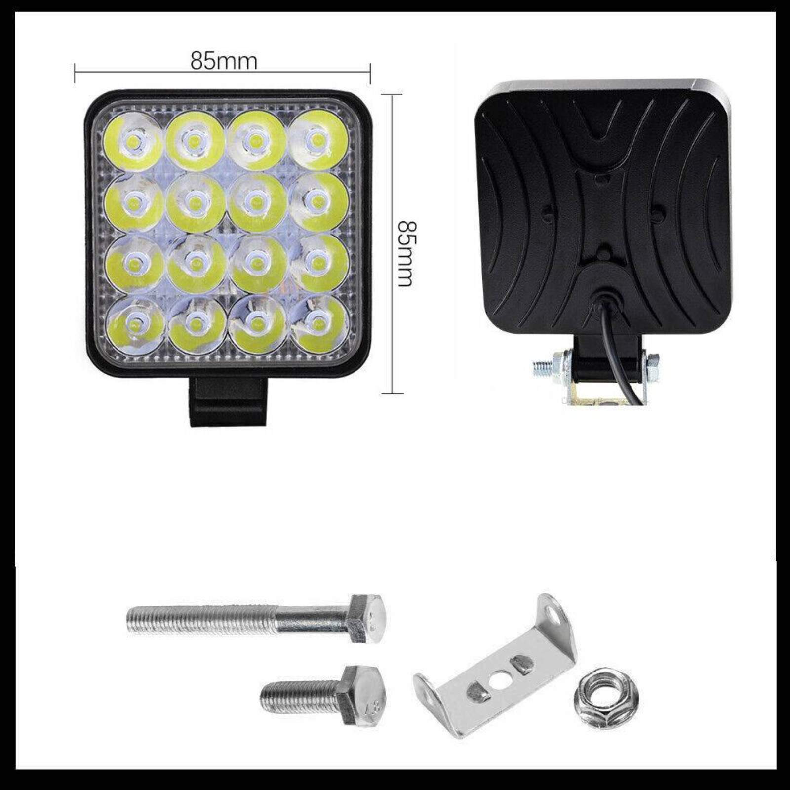 LED-Lichtkomponenten. Abmessungen sind dargestellt. Die Rückansicht und separate Montageteile sind ebenfalls gezeigt.