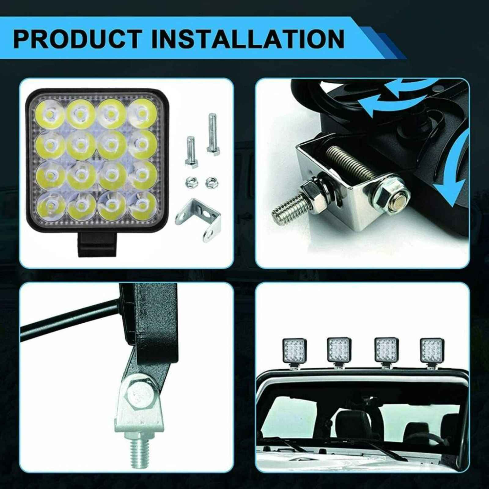 Produktinstallationsbilder. Zeigt LED-Licht, Montagehalterungen und Installationsschritte für ein Fahrzeug.