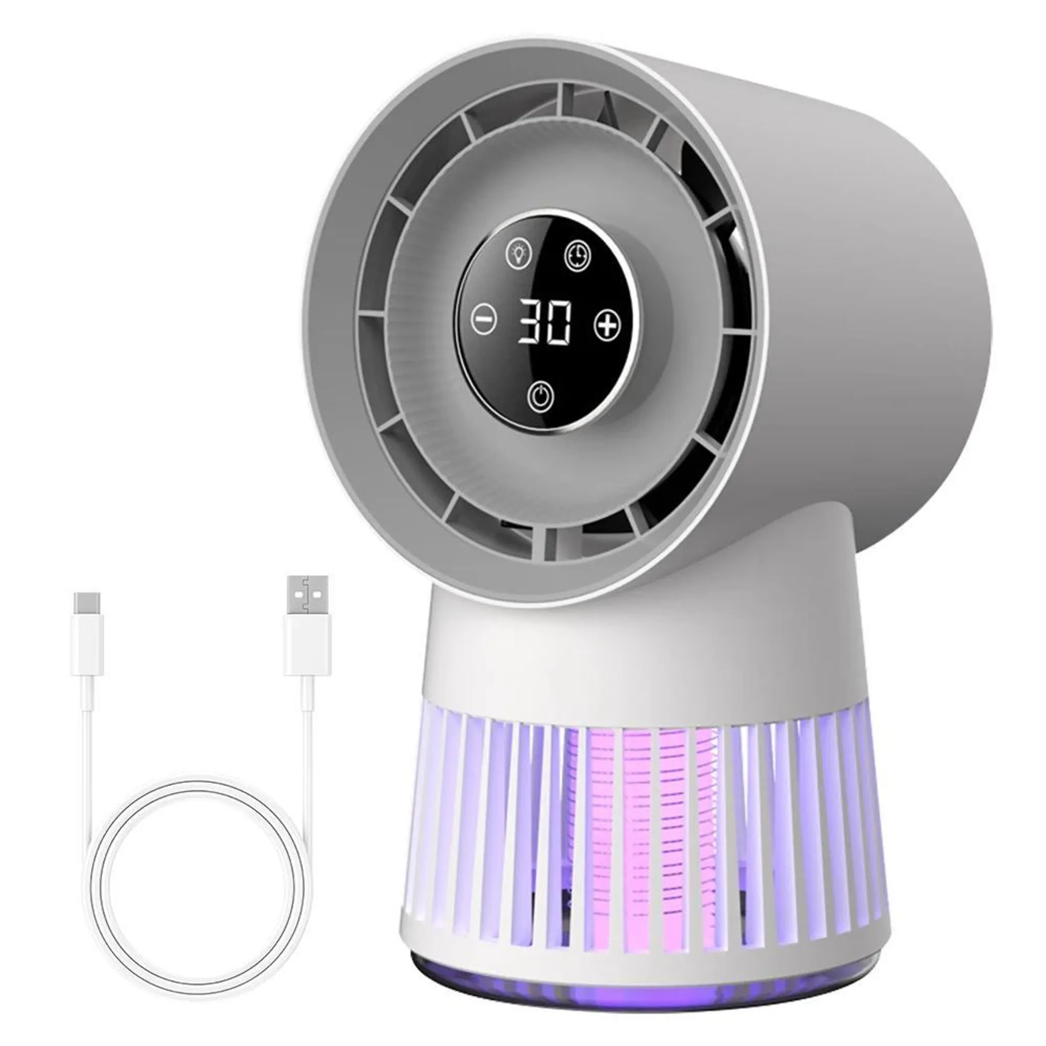 Weiß-grauer Mückenvernichter-Ventilator mit Digitalanzeige und lila Licht, mit USB-Kabel.