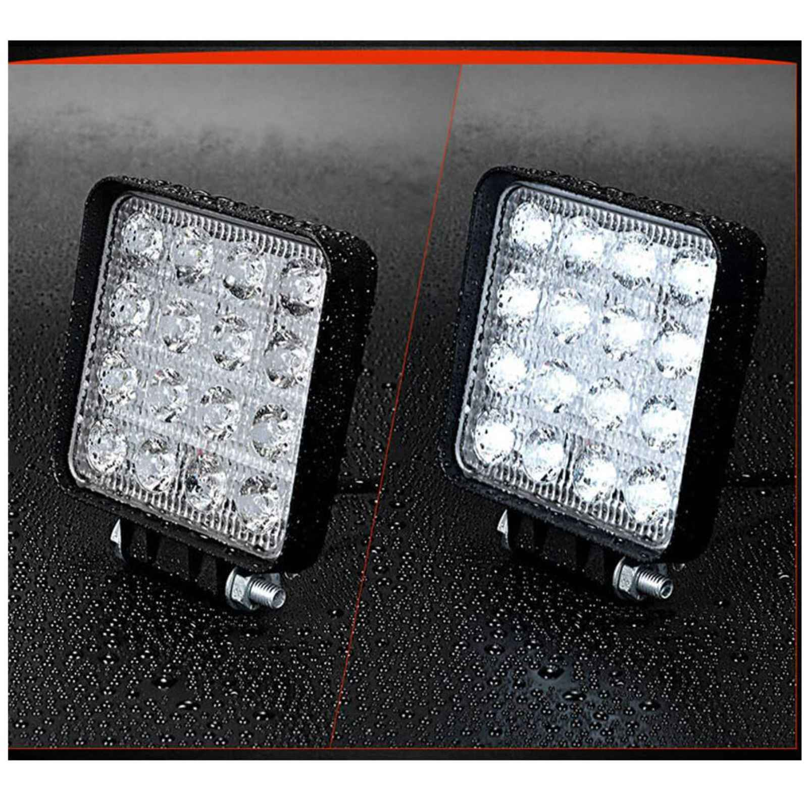 Zwei quadratische LED-Leuchten. Jede hat viele LEDs, einen schwarzen Rahmen und eine Halterung.
