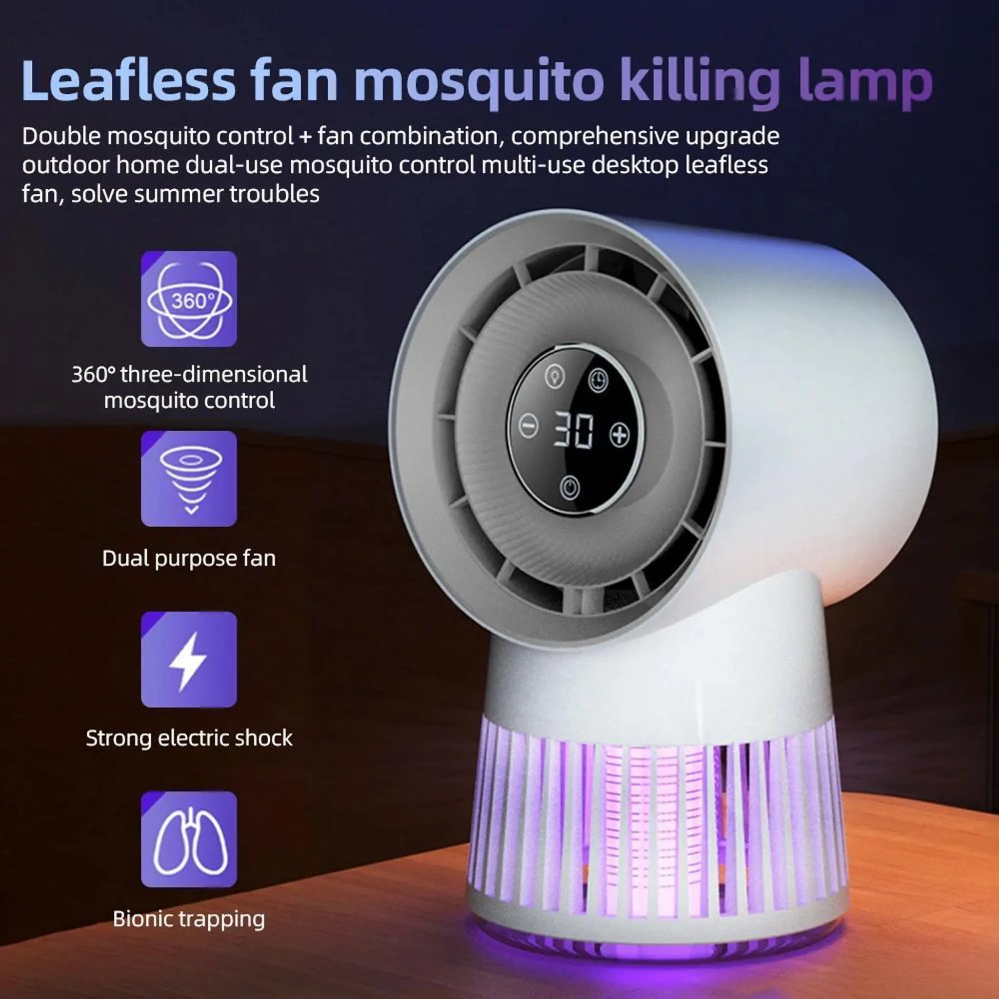 Mückenvernichter-Ventilator mit Digitalanzeige, lila Licht und Symbolen. Text: 'Leafless fan mosquito killing lamp'.