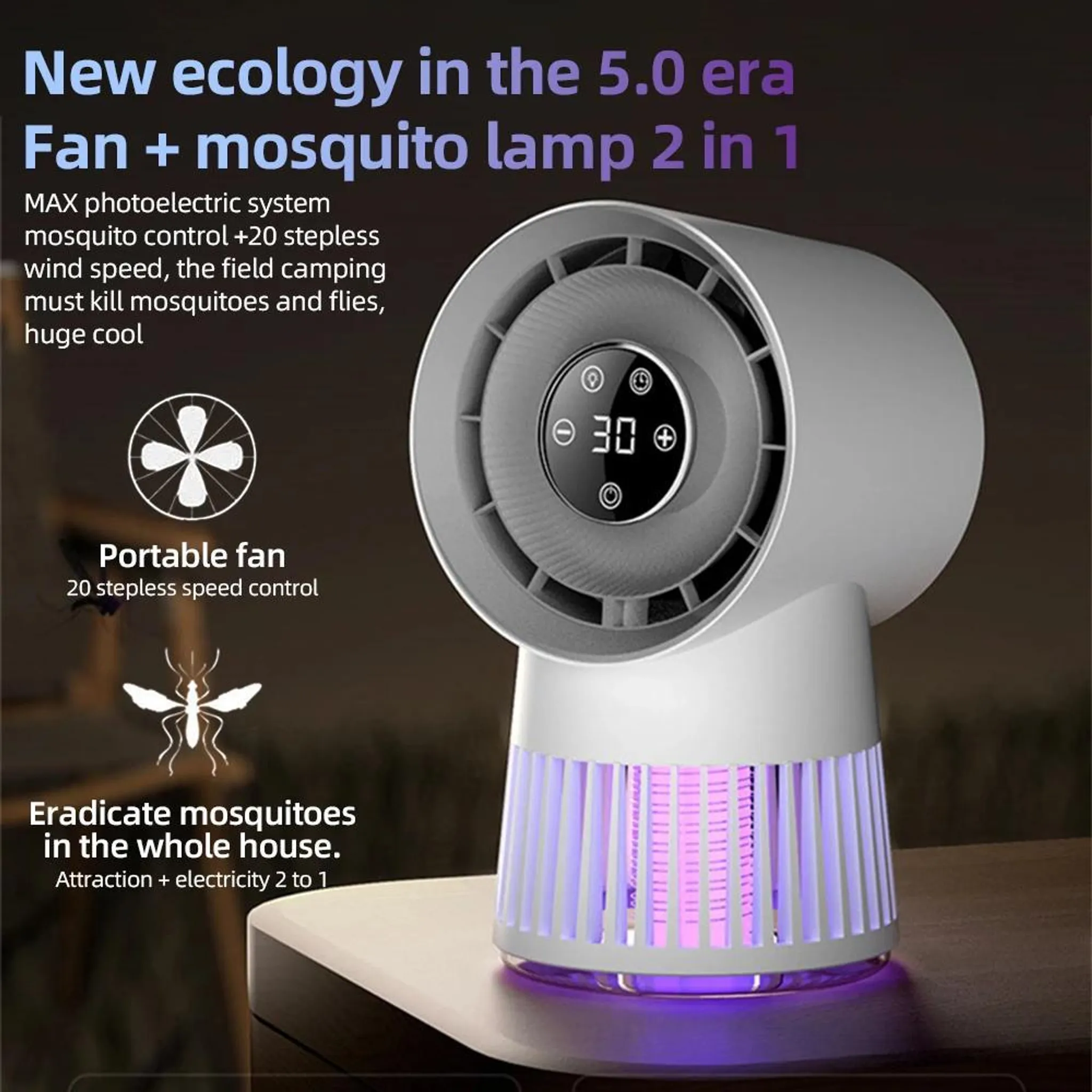 Mückenvernichter-Ventilator mit Digitalanzeige und Symbolen. Text: 'New ecology in the 5.0 era fan + mosquito lamp'.
