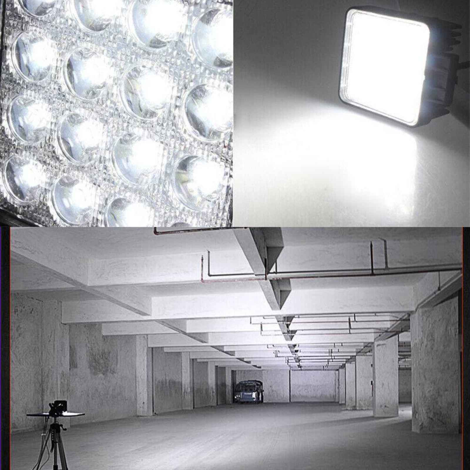 LED-Licht-Testbilder. Nahaufnahme der LEDs, Lichtstrahl in einem dunklen Raum und eine beleuchtete Parkgarage.