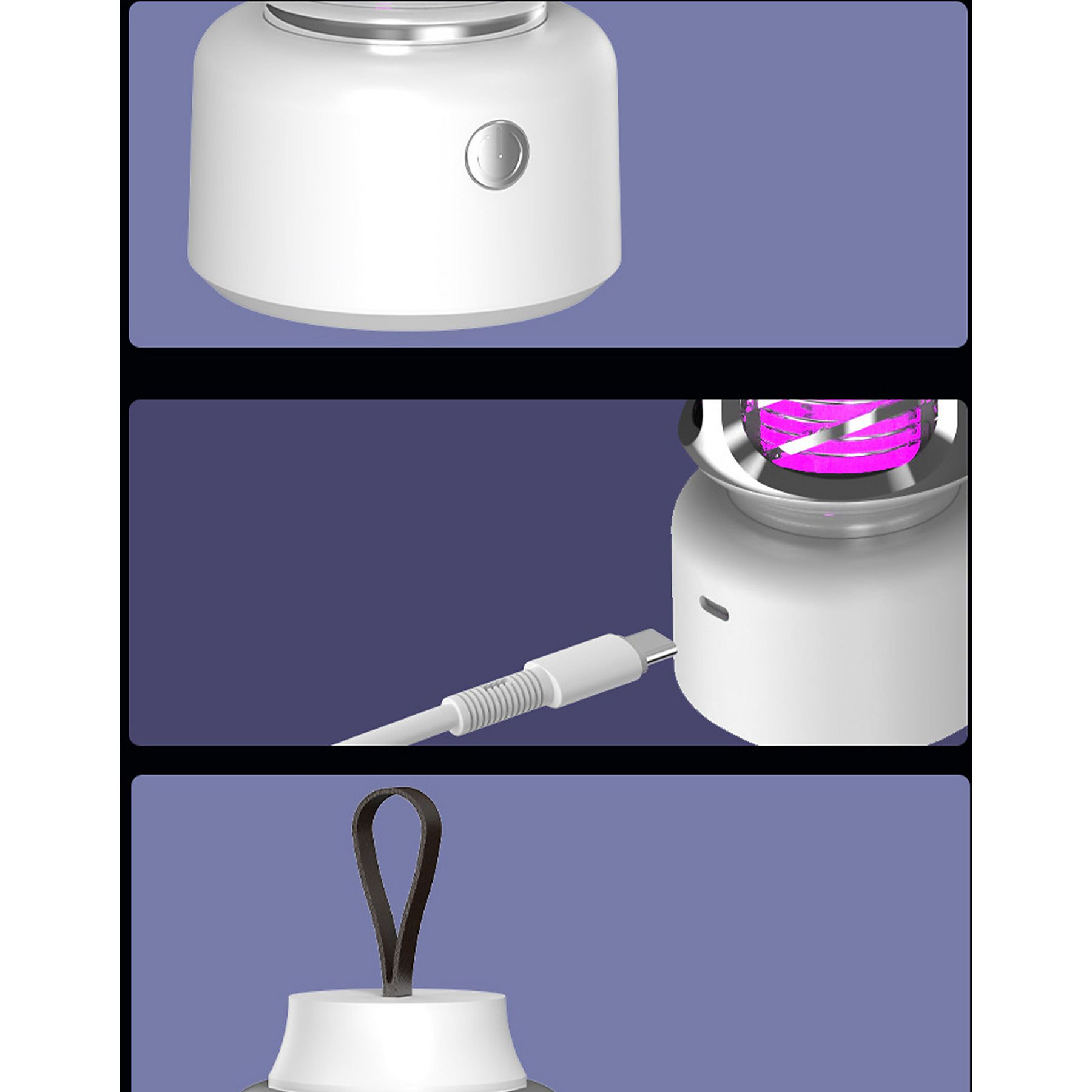 Nahaufnahme einer Mückenvernichterlampe, Details von Basis, lila Licht und Aufhängeschlaufe zeigend.