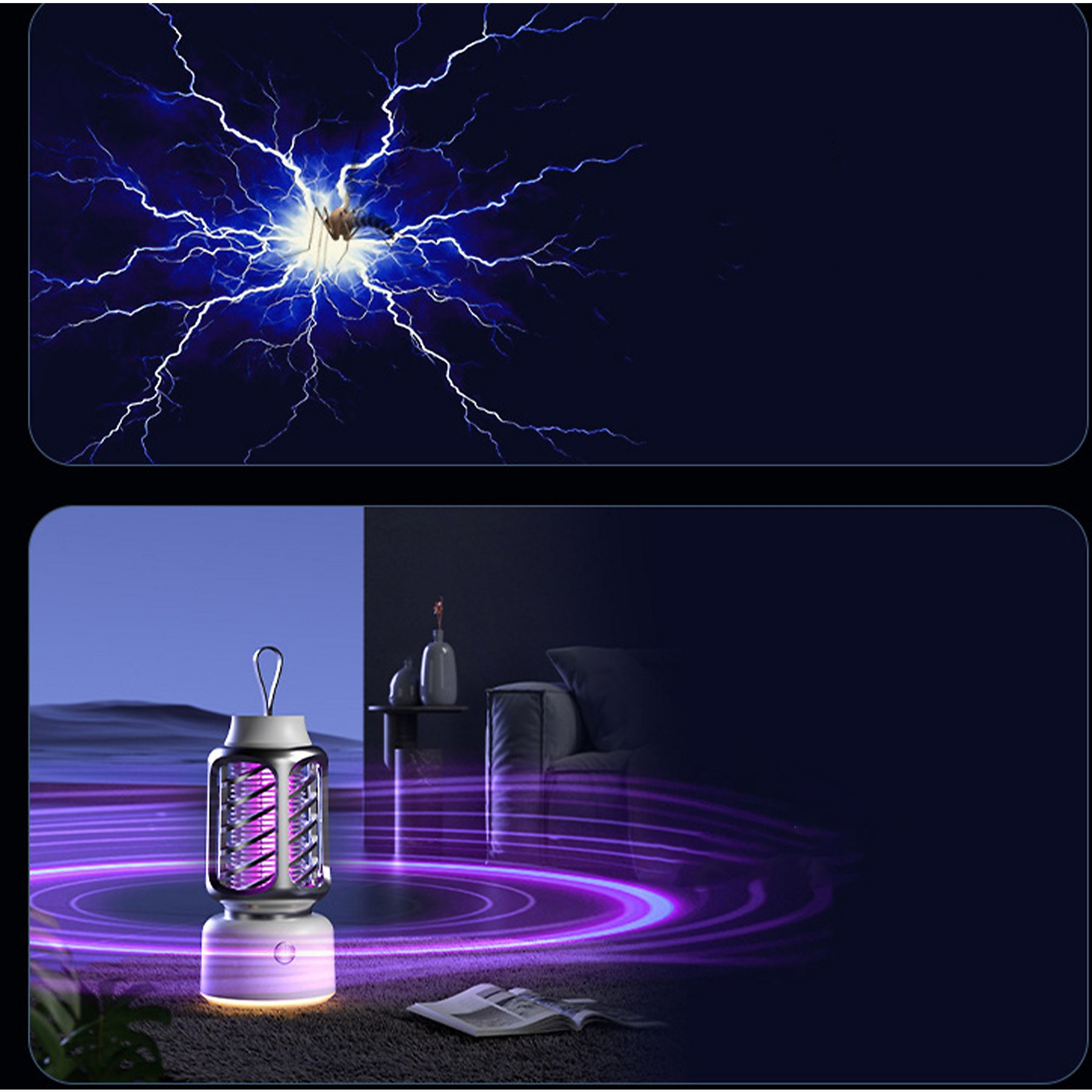 Mückenvernichterlampe mit Blitzeffekt und Raumhintergrund. Die Lampe strahlt violettes Licht aus.
