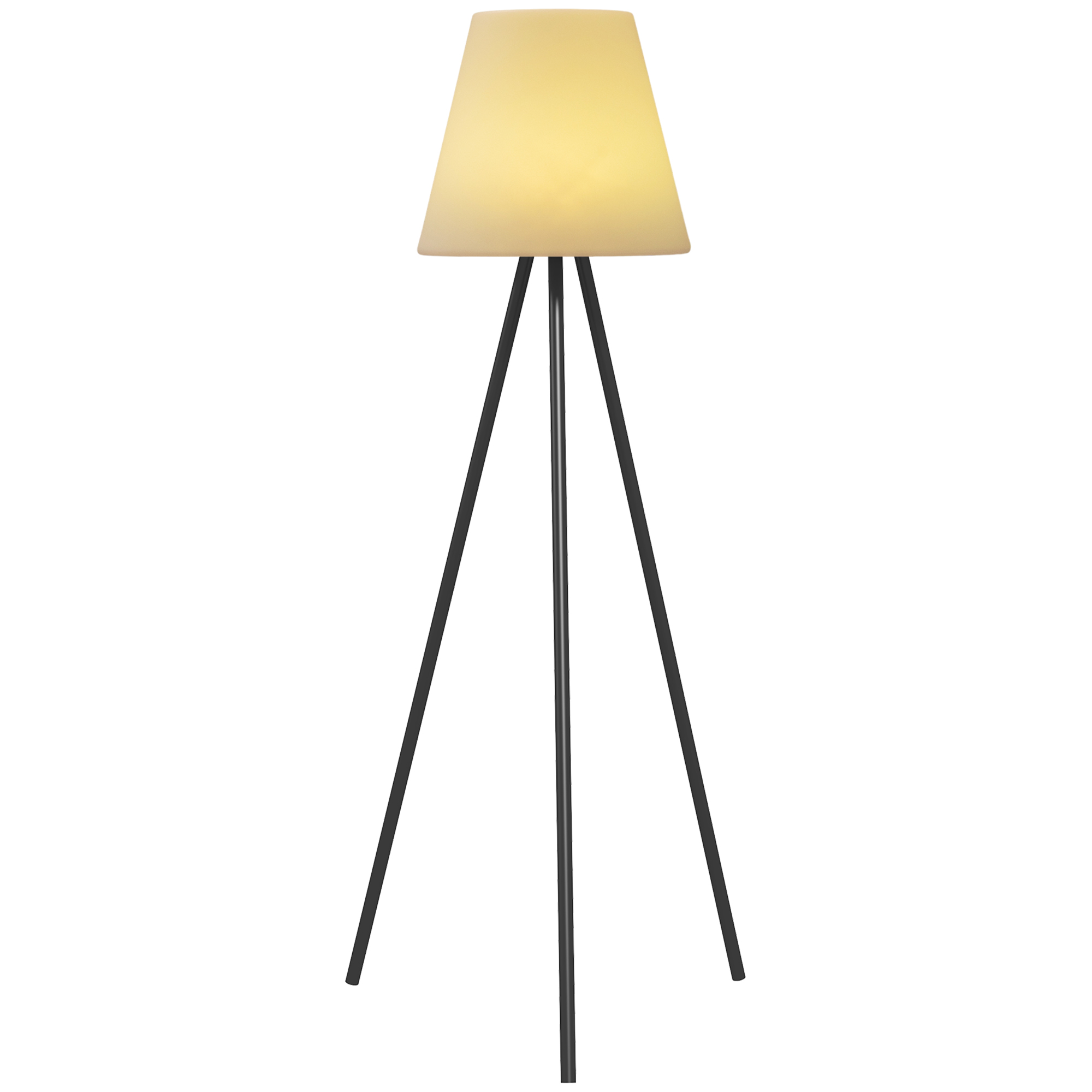Stehlampe mit weißem, konischem Schirm, getragen von drei schwarzen Beinen. Weißer Hintergrund.