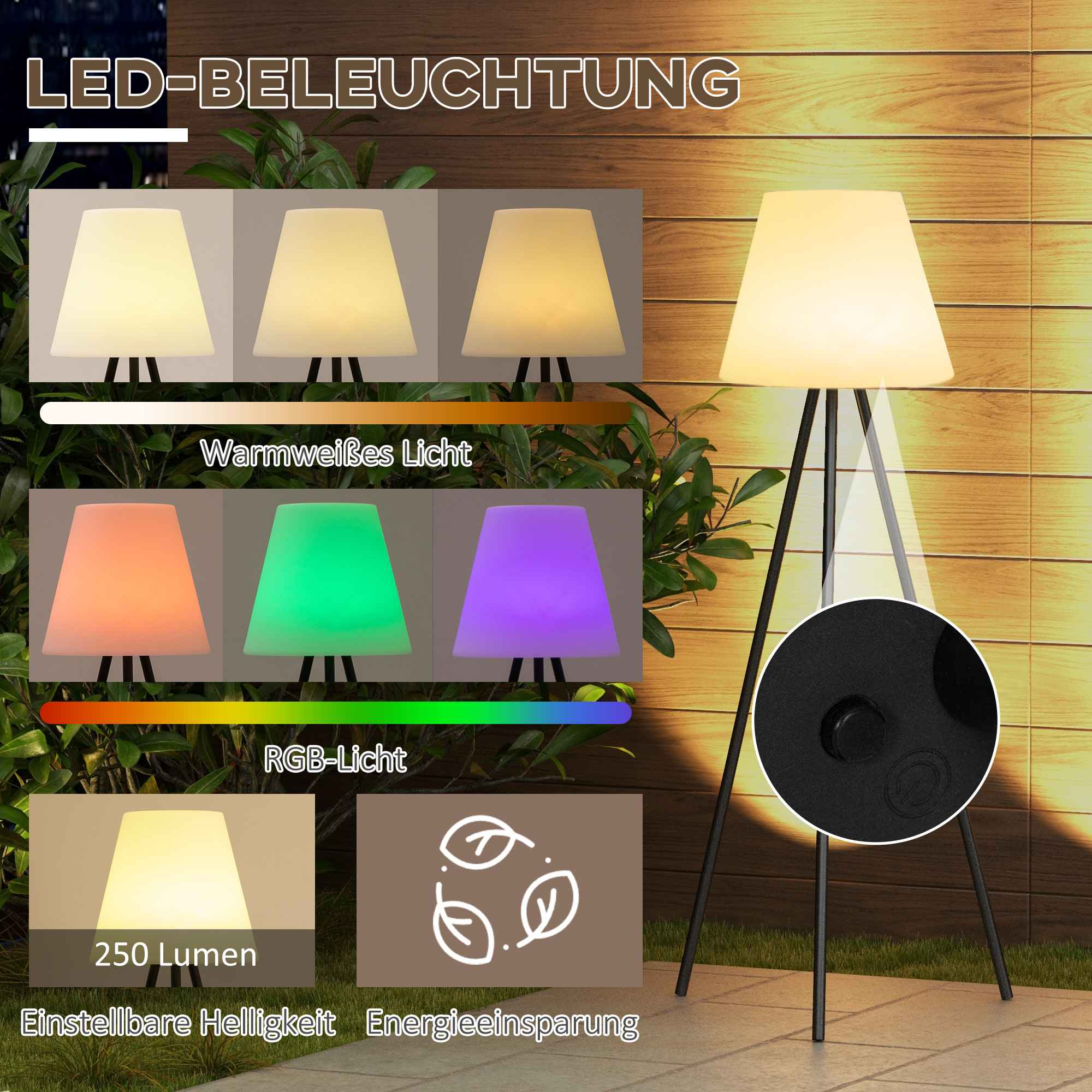 Stehlampe mit verschiedenen Lichteinstellungen, schwarzen Beinen, weißem Schirm und einem Knopf.