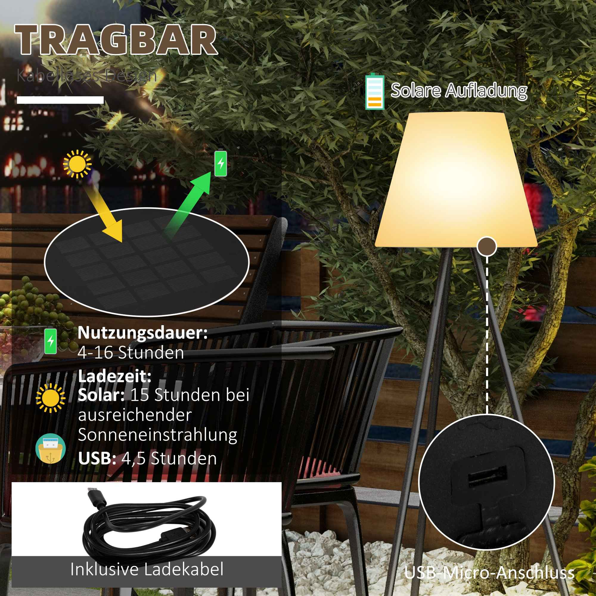 Eine solarbetriebene Lampe mit weißem Schirm, auf einer Terrasse mit Text und Grafiken zu Merkmalen.