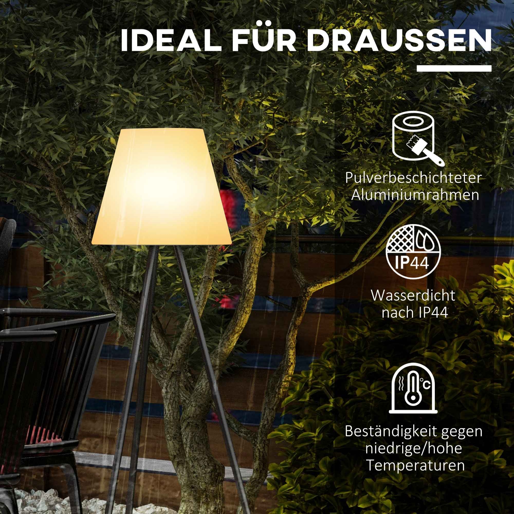 Stehlampe mit weißem Schirm, schwarzen Beinen. Hintergrund: Szene draußen mit Pflanzen, Stuhl und Text.