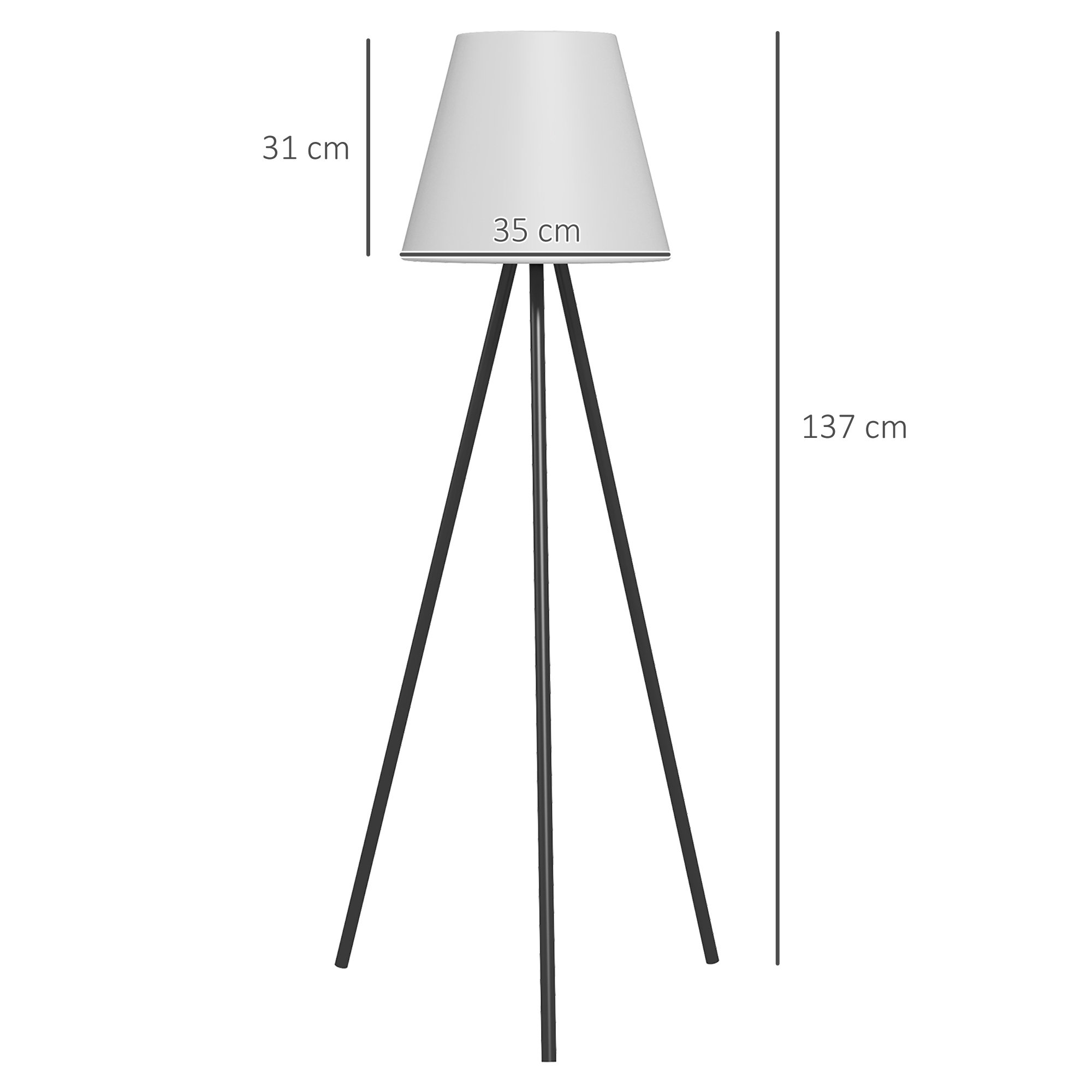 Stehlampe mit weißem Schirm und schwarzen Beinen. Maße: 137 cm Höhe, 35 cm Schirmdurchmesser, 31 cm Schirmhöhe.