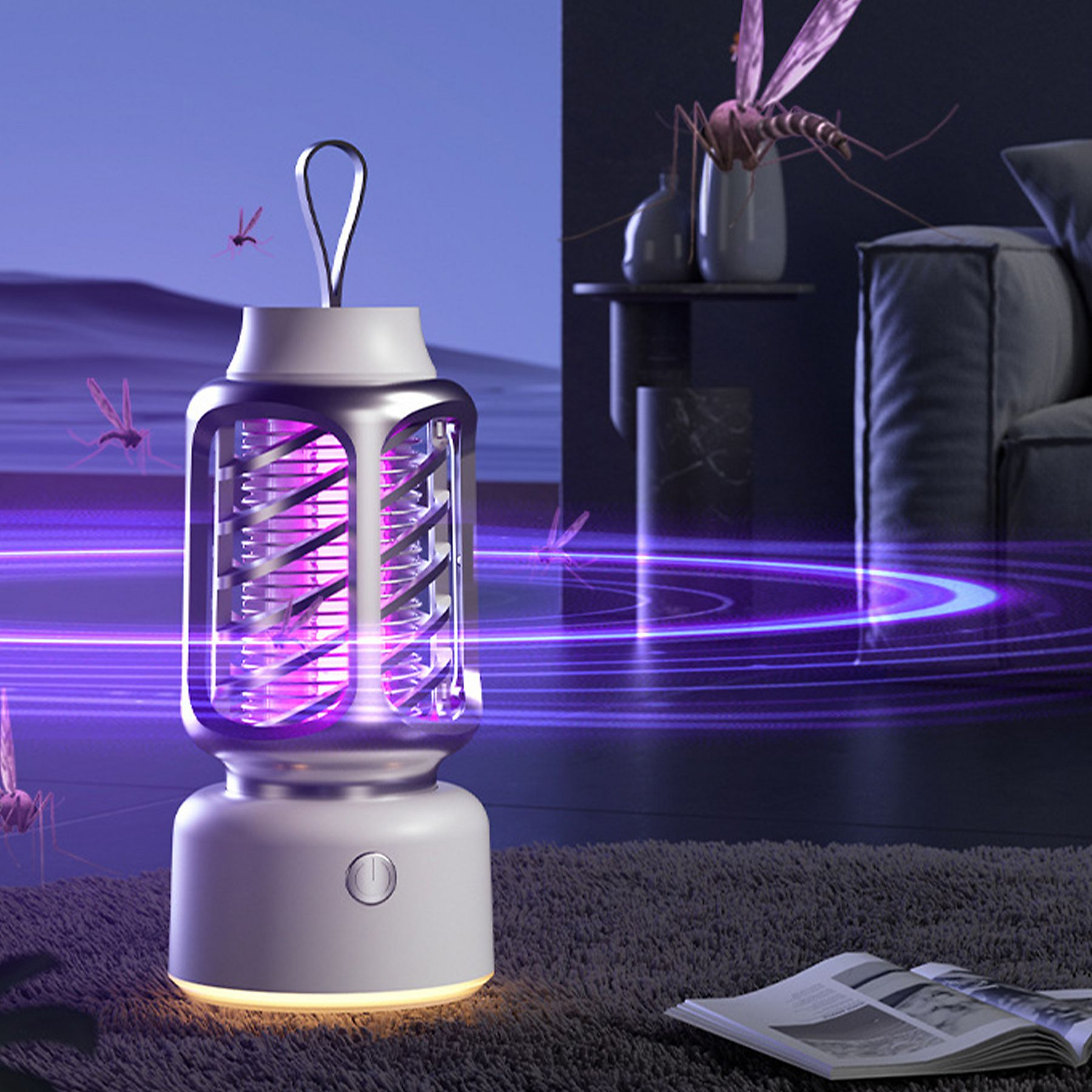 Eine Mückenfalle, die violettes Licht aussendet, umgeben von fliegenden Mücken, auf dunklem Hintergrund.