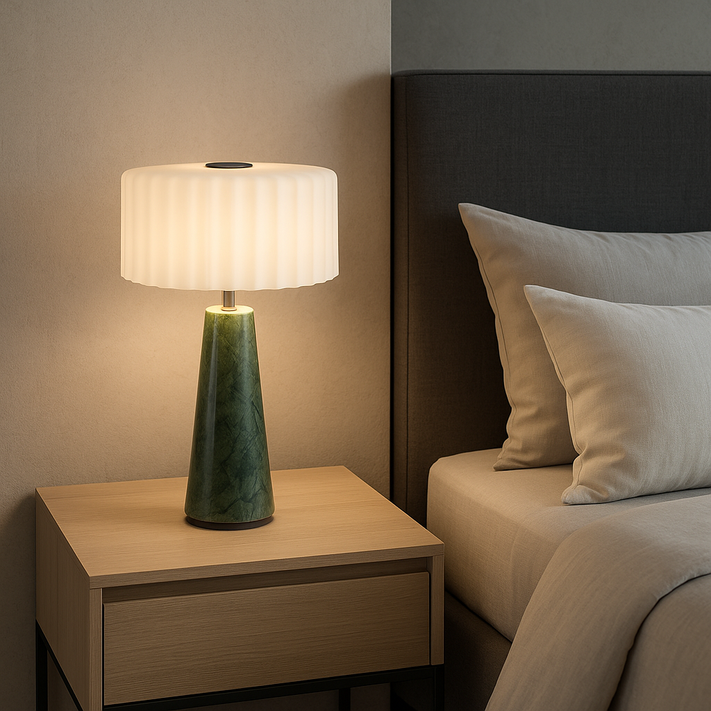 Eine Tischlampe mit weißem Schirm und grünem Marmorsockel, neben einem Bett.