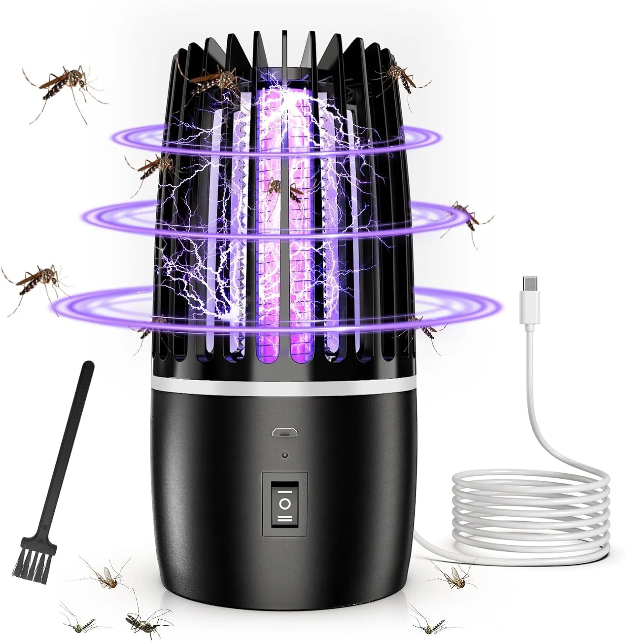 Ein schwarzer Mückenkiller mit violetten Lichtringen und vielen Mücken, mit Bürste und Kabel.