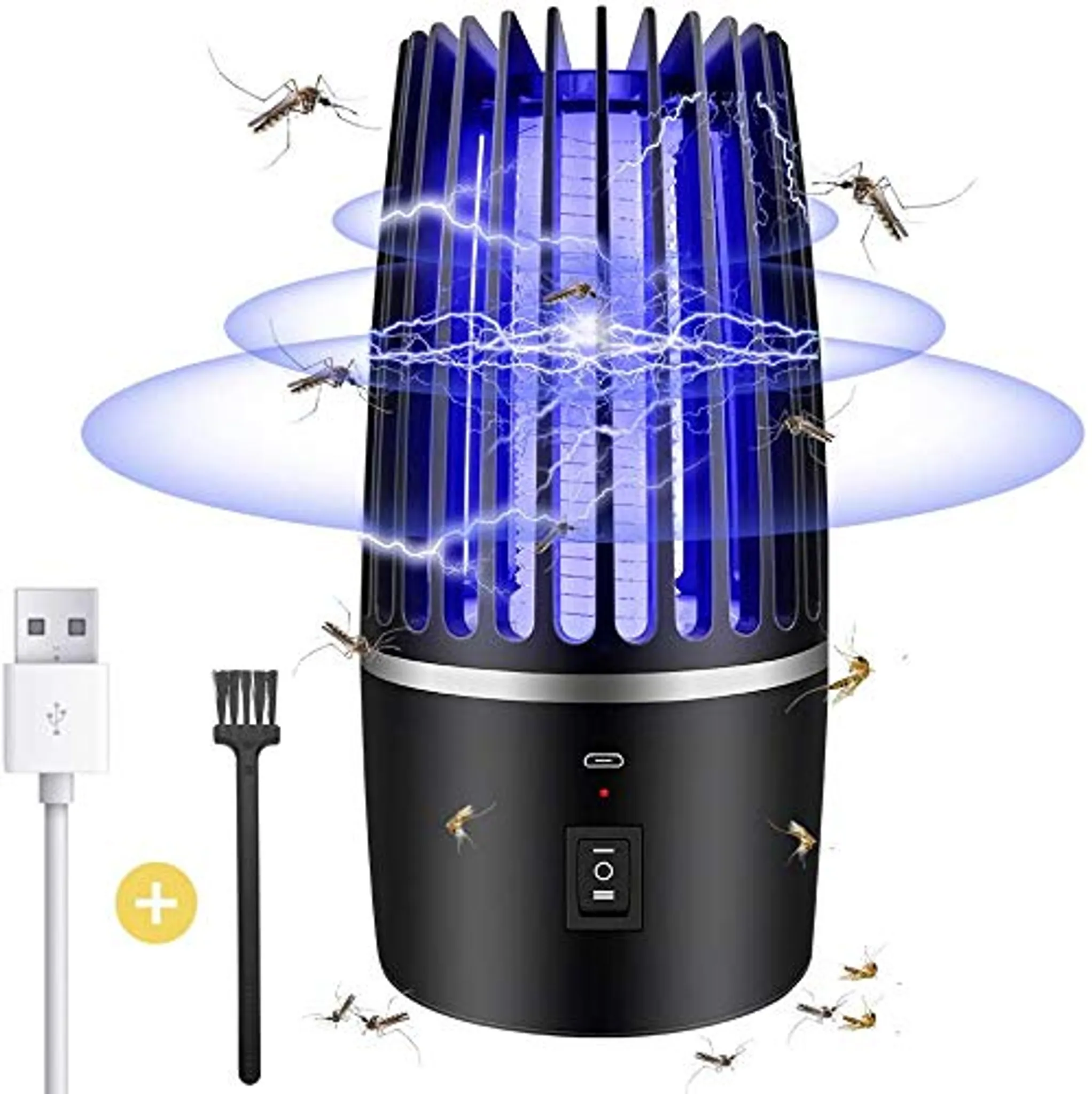 Eine schwarze Mückenvernichterlampe, die blaues Licht ausstrahlt und von Mücken umgeben ist. Sie hat einen Ein-/Ausschalter und einen USB-Anschluss.
