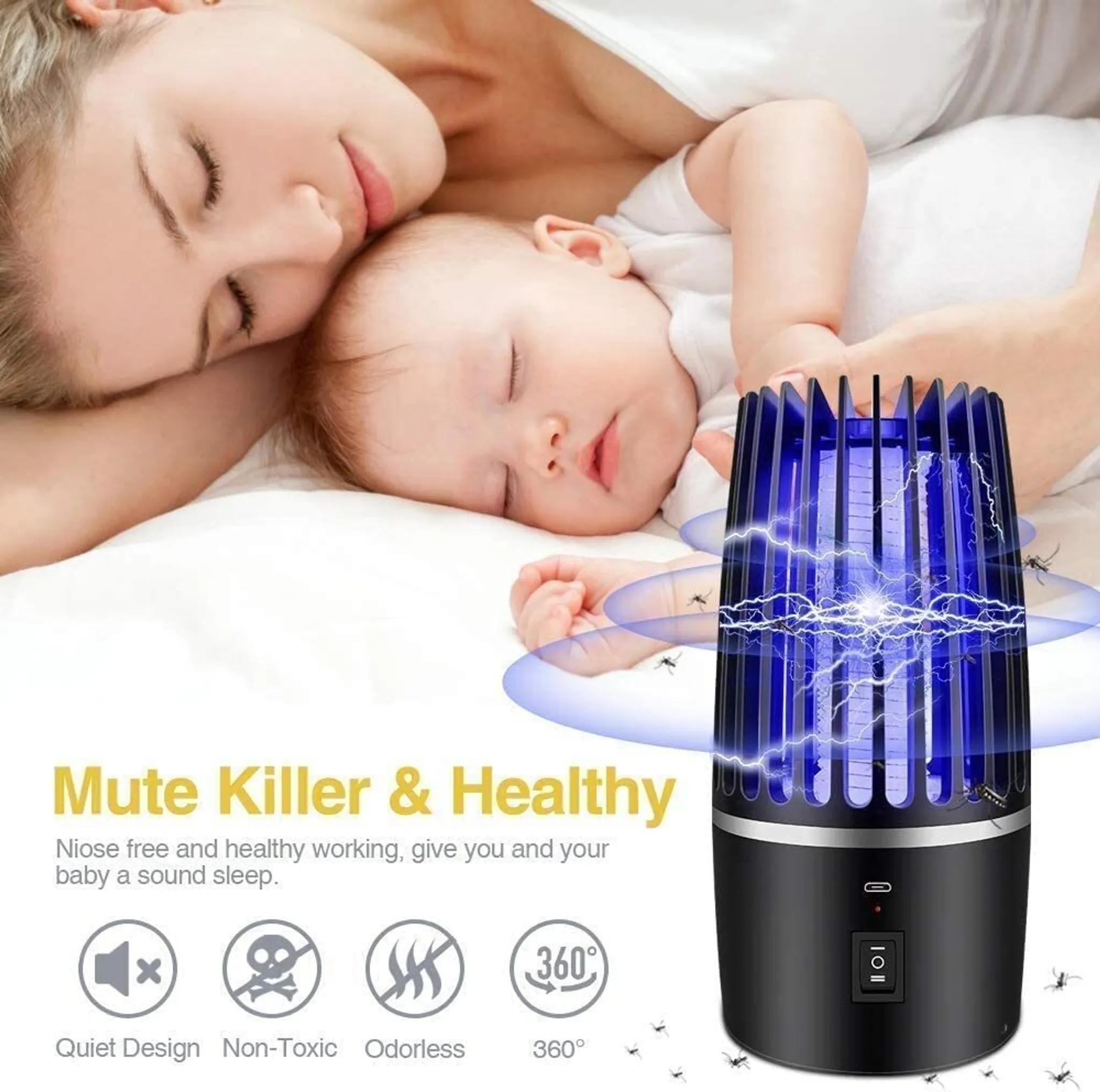 Eine schlafende Frau und ein Baby mit einem Mückenkiller, der blaues Licht aussendet. Mücken sind vorhanden.