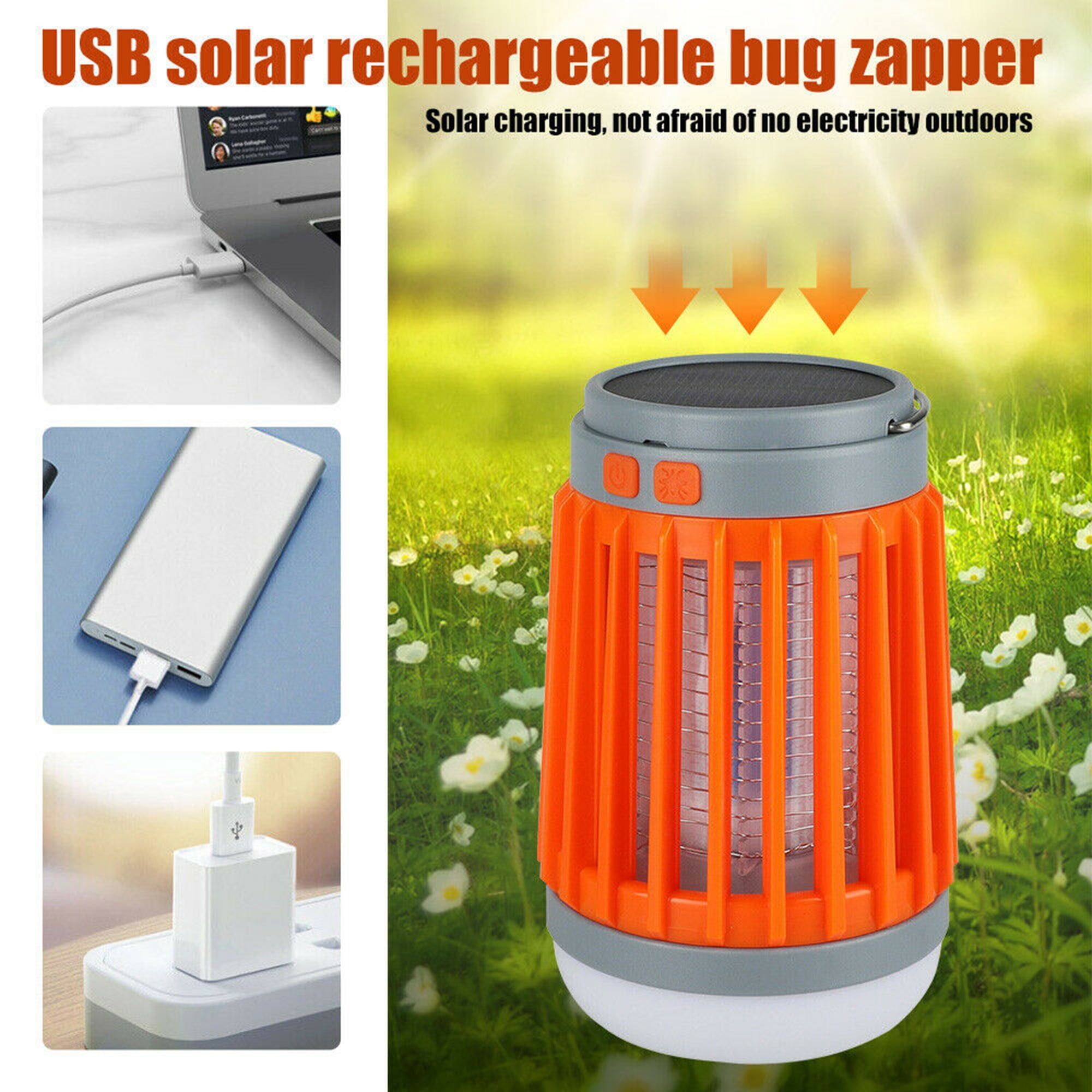 Insektenvernichter mit Solarpanel. USB-Kabel mit Laptop verbunden. Drei Bilder links zeigen Ladegeräte.