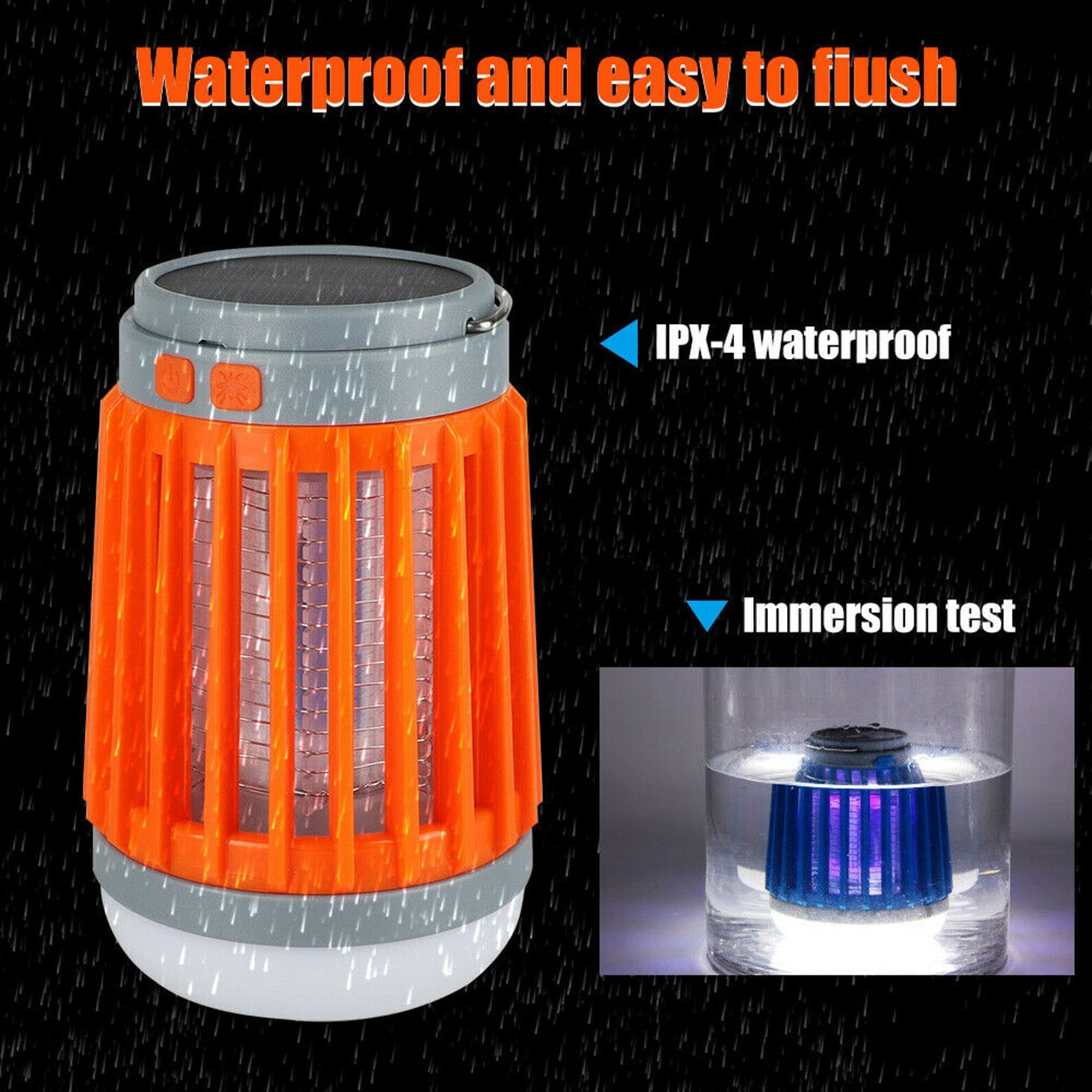 Insektenvernichter im Wasser. Zeigt IPX-4 Wasserdichtigkeit. Hintergrund mit Regentropfen. Text: Wasserdicht.