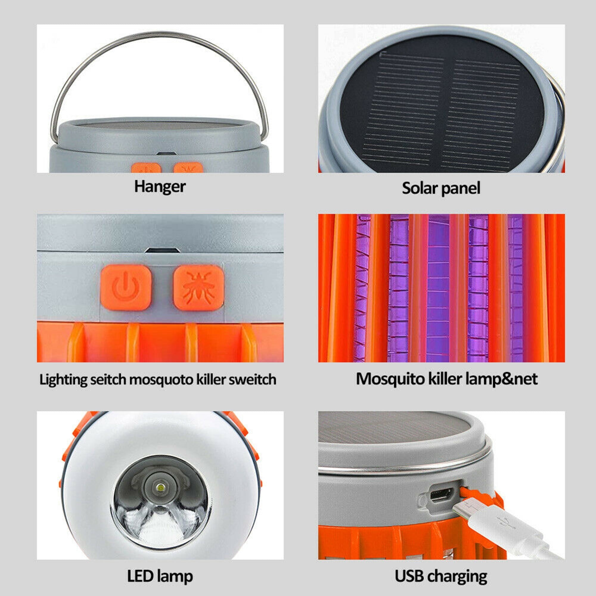 Nahaufnahmen eines Insektenvernichters. Aufhänger, Solarpanel, Knöpfe, Moskitonetz, LED-Lampe, USB-Anschluss.
