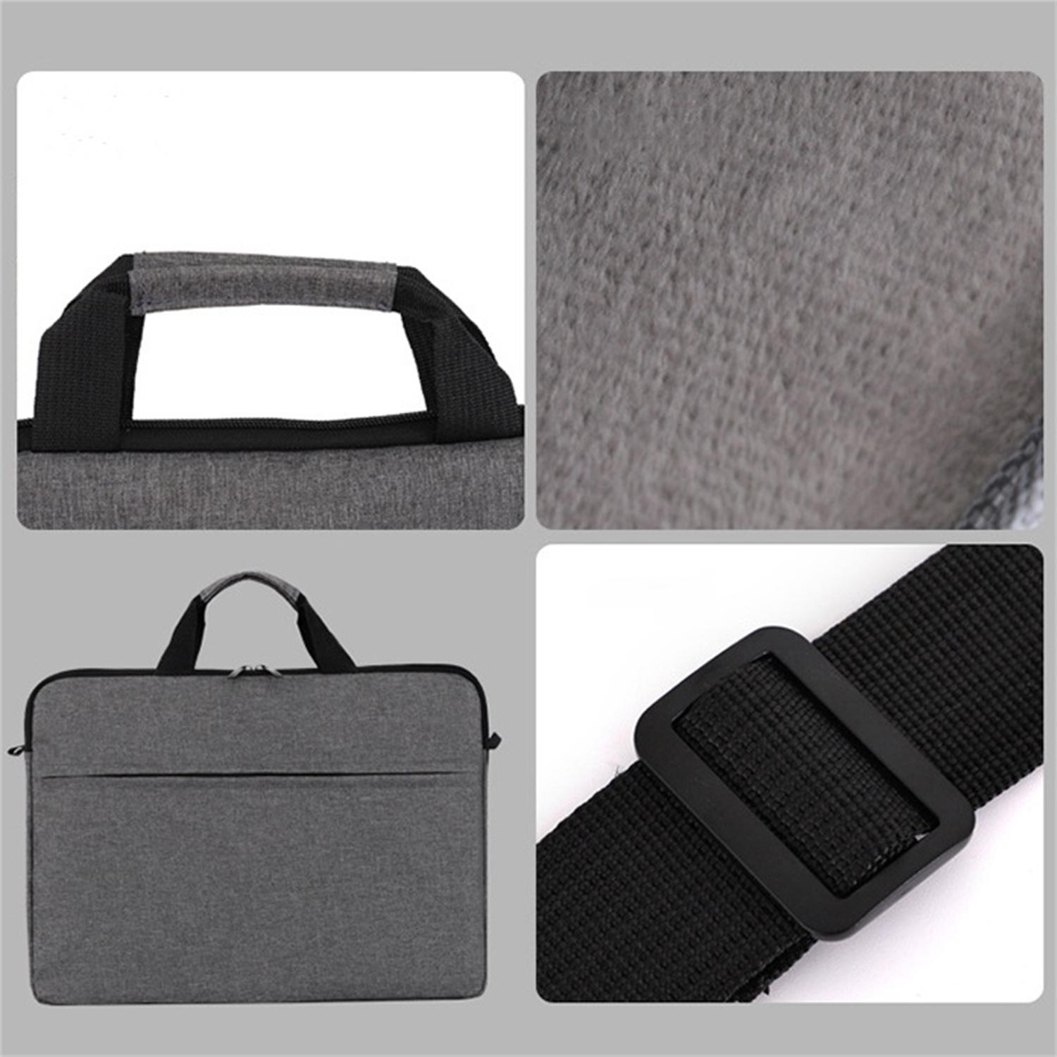 Nahaufnahmen einer grauen Laptoptasche. Zeigt Griff, Stoffstruktur und Riemendetail mit Schnalle.