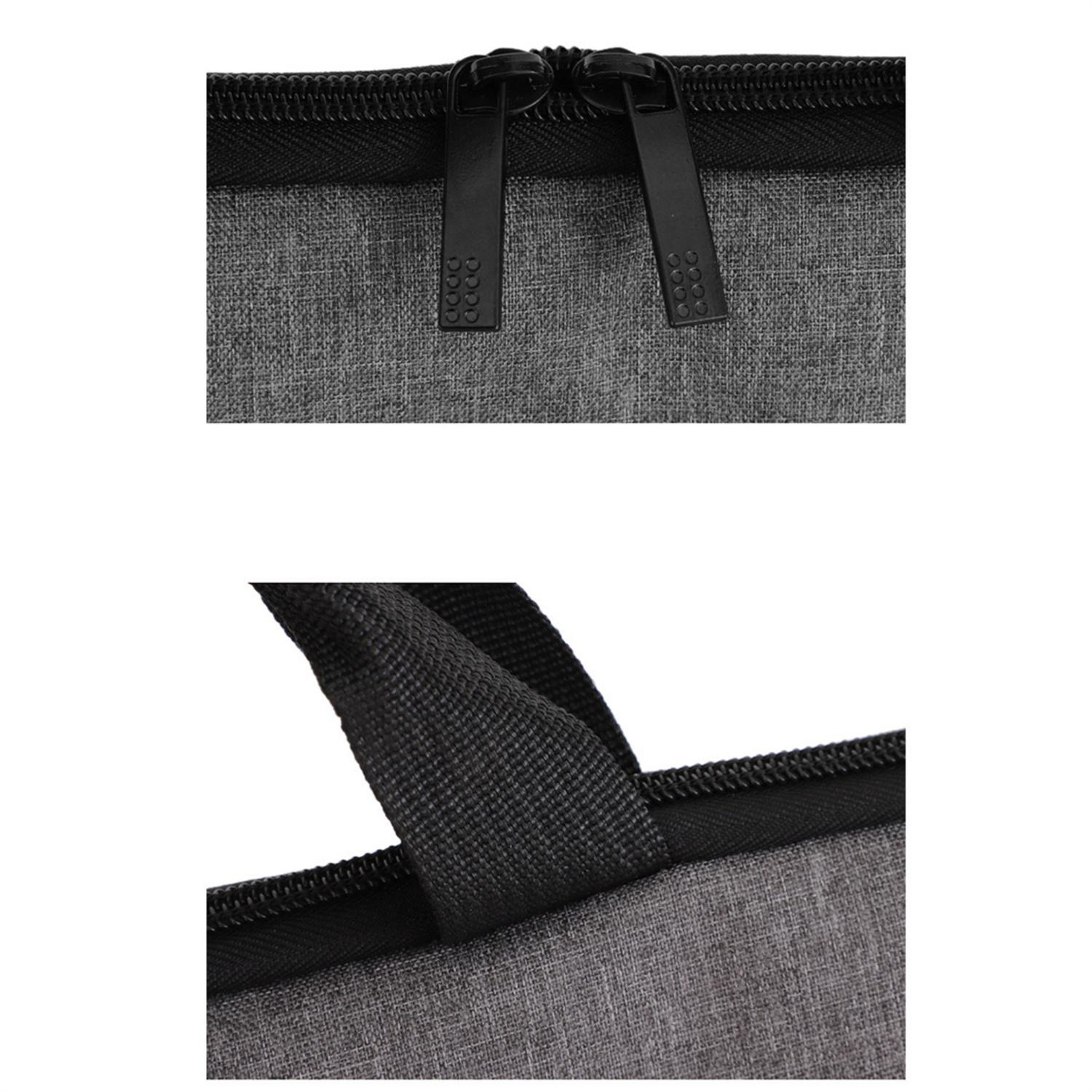 Nahaufnahme des Reißverschlusses einer grauen Laptoptasche und der schwarzen Naht des Griffs, auf weißem Hintergrund.
