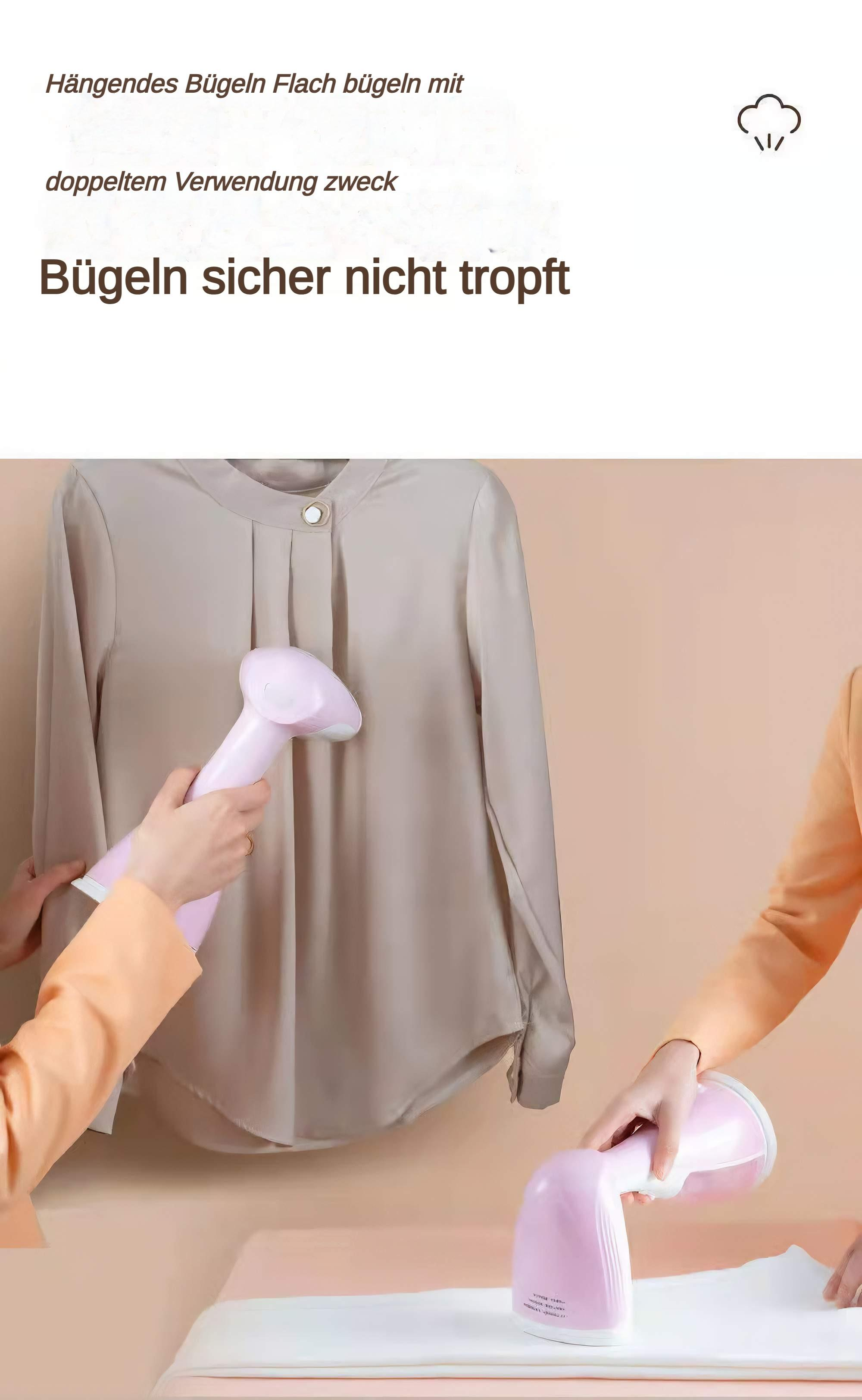 Zwei Personen bügeln ein Hemd mit einem Handdampfer. Text: Wasserdicht und leicht zu spülen. Isolierter Hintergrund.