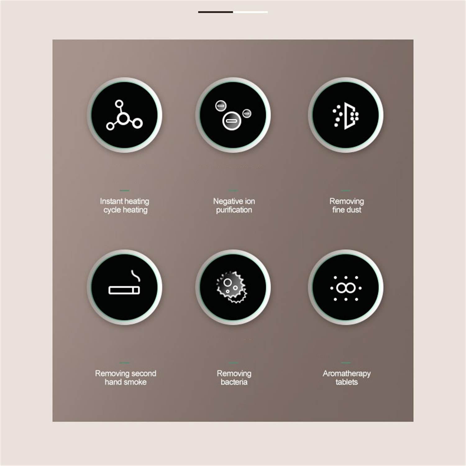 Symbole, die die Funktionen eines Luftreinigers zeigen: Heizen, Reinigen, Staub-, Rauch-, Bakterien- und Aromatherapie.