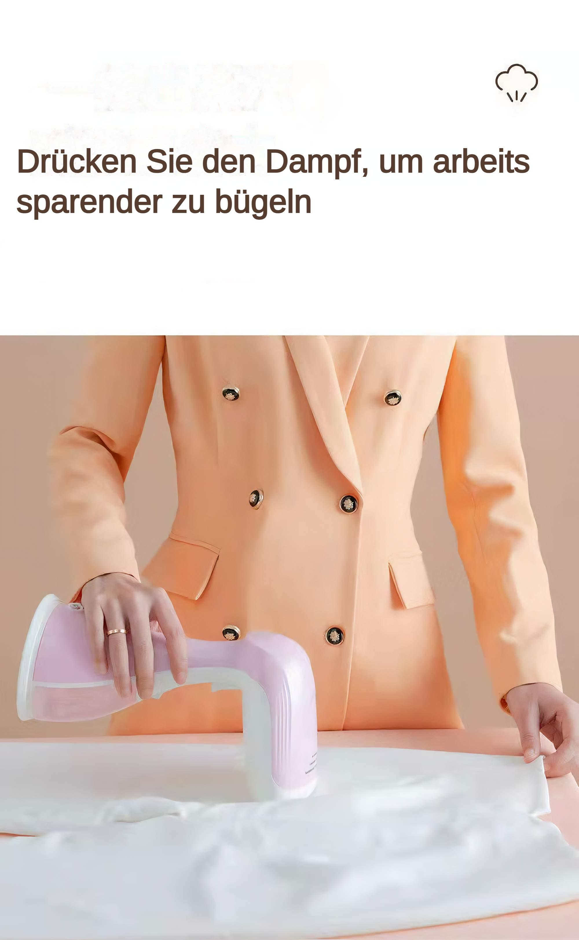Eine Person bügelt mit einem rosa Dampfgarer. Die Person trägt einen orangefarbenen Blazer. Weißer Stoff wird gebügelt.