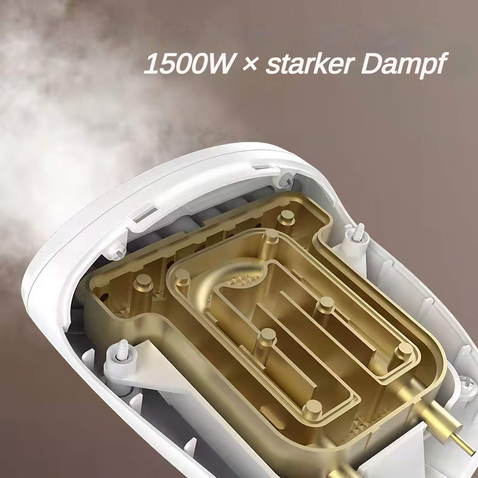Das Innere eines weißen Dampfgarers mit goldenen Komponenten. Dampf ist sichtbar, der aus dem Dampfgarer austritt.